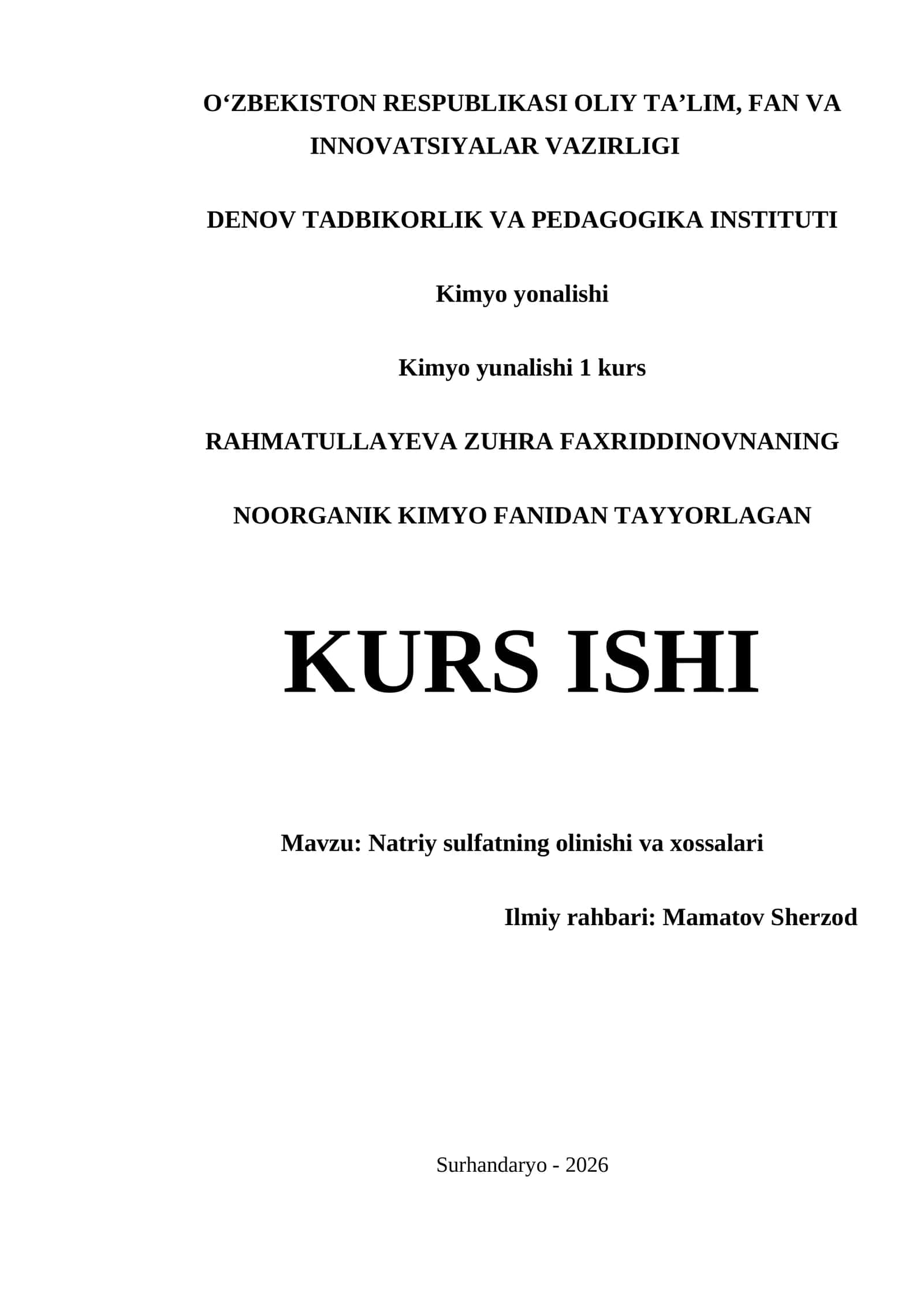 NOORGANIK KIMYO FANIDAN TAYYORLAGAN KURS ISHI 1