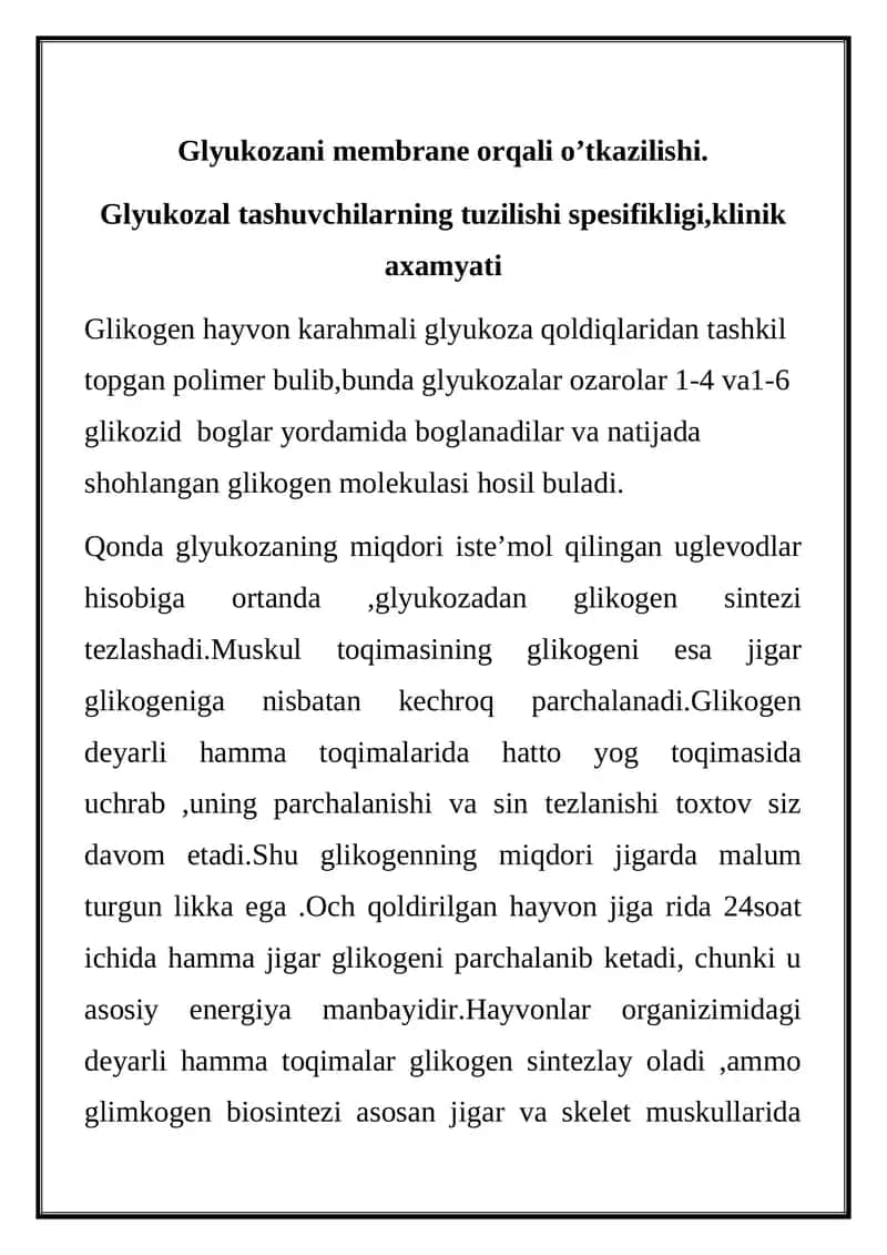 Glyukozani membrane orqali o’tkazilishi. 1