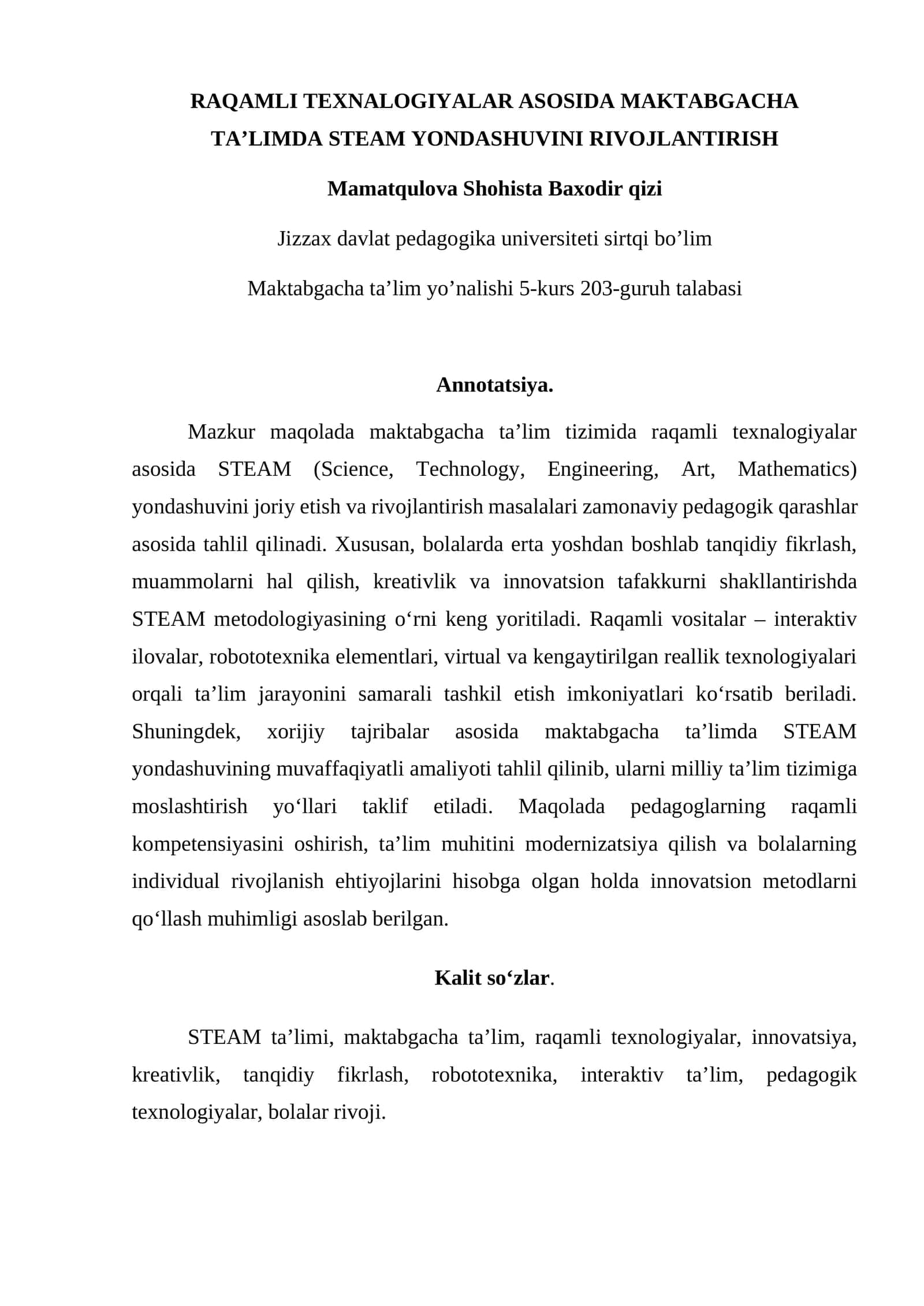 RAQAMLI TEXNALOGIYALAR ASOSIDA MAKTABGACHA TA’LIMDA STEAM YONDASHUVINI RIVOJLANTIRISH 1