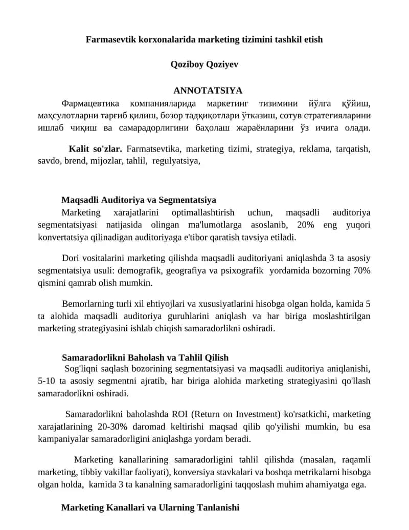 Farmasevtik korxonalarida marketing tizimini tashkil etish 1