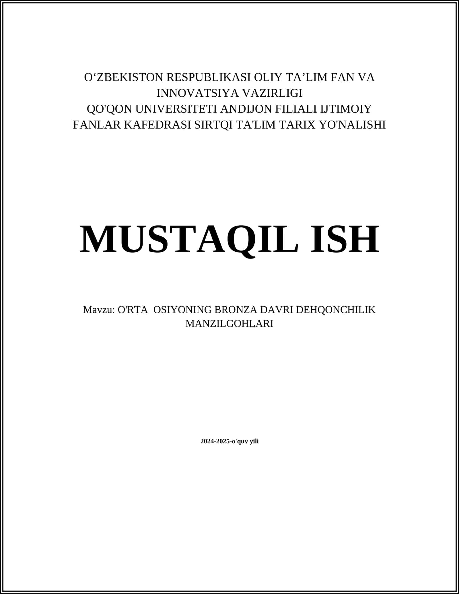 O'RTA OSIYONING BRONZA DAVRI DEHQONCHILIK MANZILGOHLARI 1