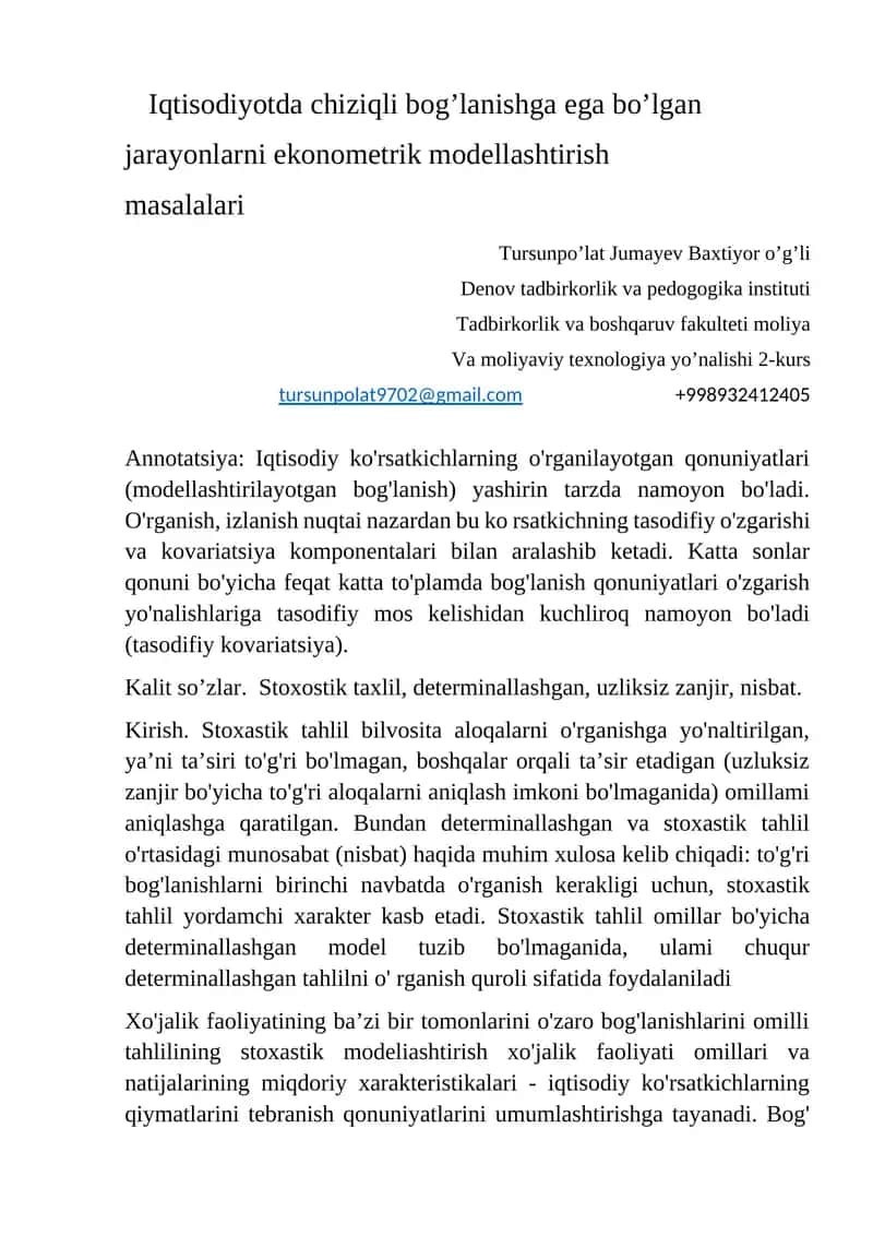Iqtisodiyotda chiziqli bog’lanishga ega bo’lgan jarayonlarni ekonometrik modellashtirish masalalari 1
