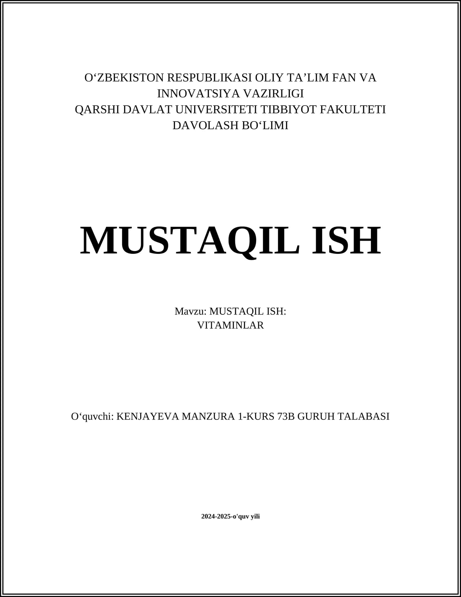 MUSTAQIL ISH: VITAMINLAR 1