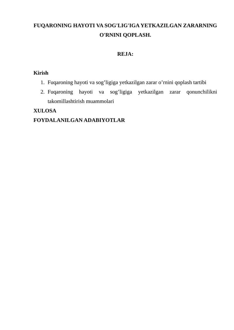 Fuqaroning Hayoti va Sog'lig'iga Yetkazilgan Zararning O'rnini Qoplashing 1