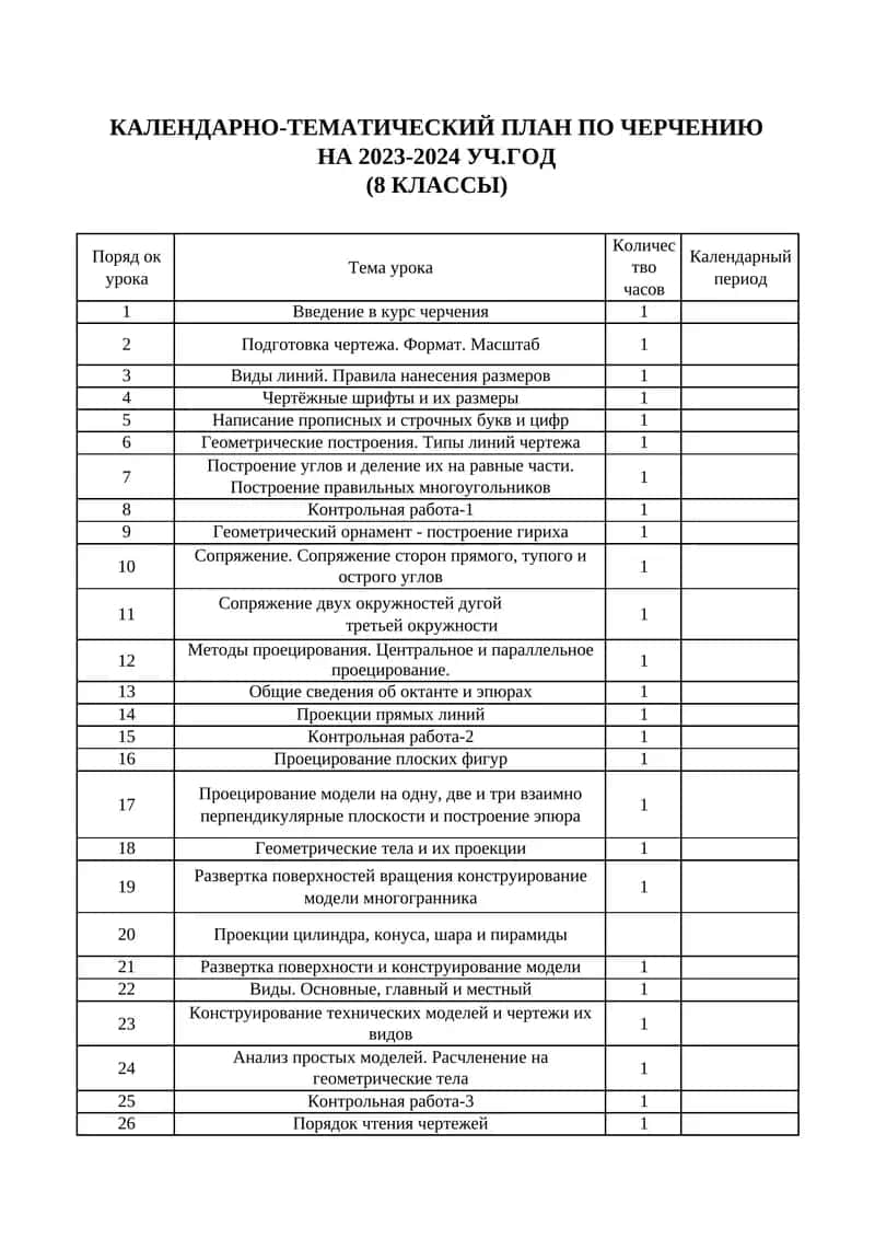 КАЛЕНДАРНО-ТЕМАТИЧЕСКИЙ ПЛАН ПО ЧЕРЧЕНИЮ НА 2023-2024 УЧ.ГОД (8 КЛАССЫ) 1