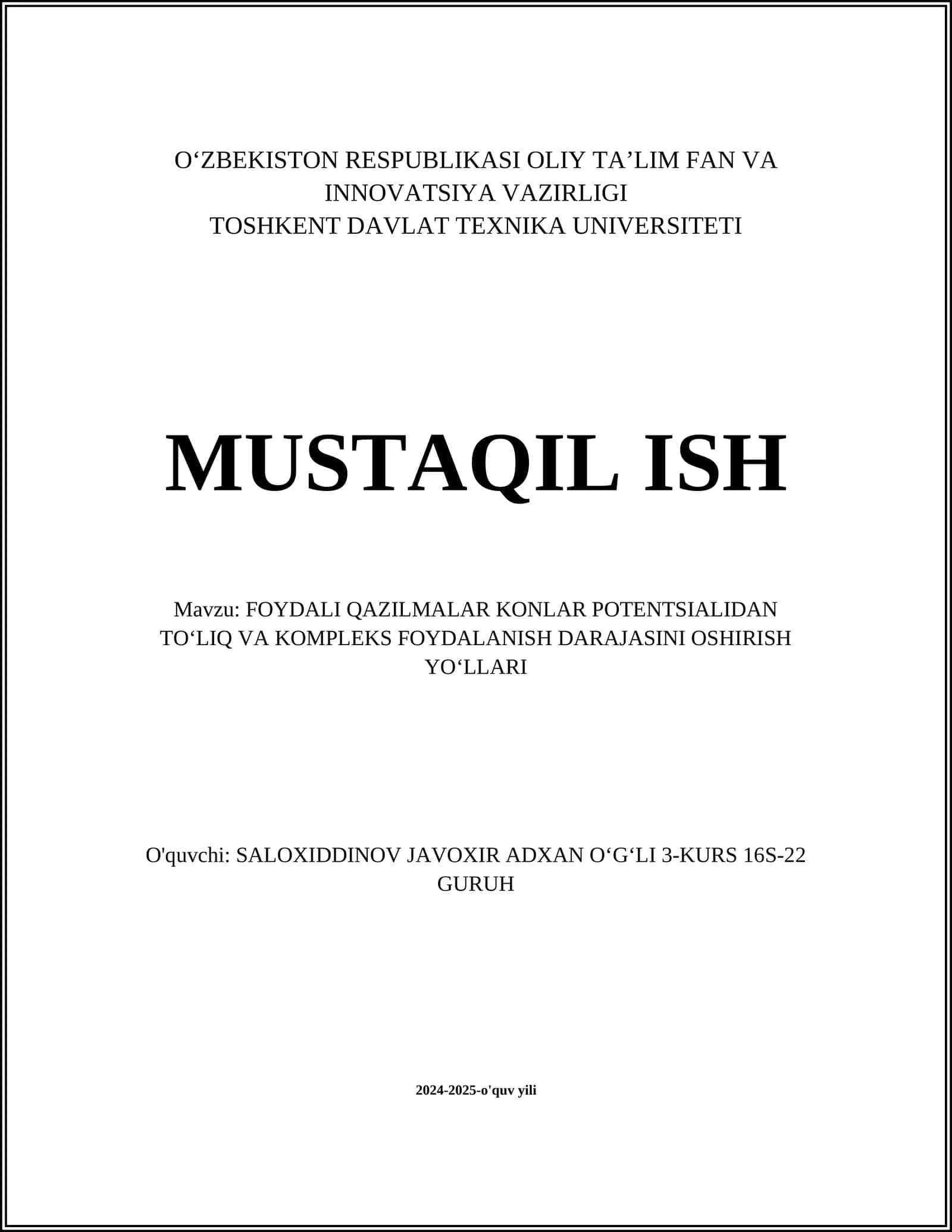FOYDALI QAZILMALAR KONLAR POTENTSIALIDAN TOʻLIQ VA KOMPLEKS FOYDALANISH DARAJASINI OSHIRISH YOʻLLARI 1
