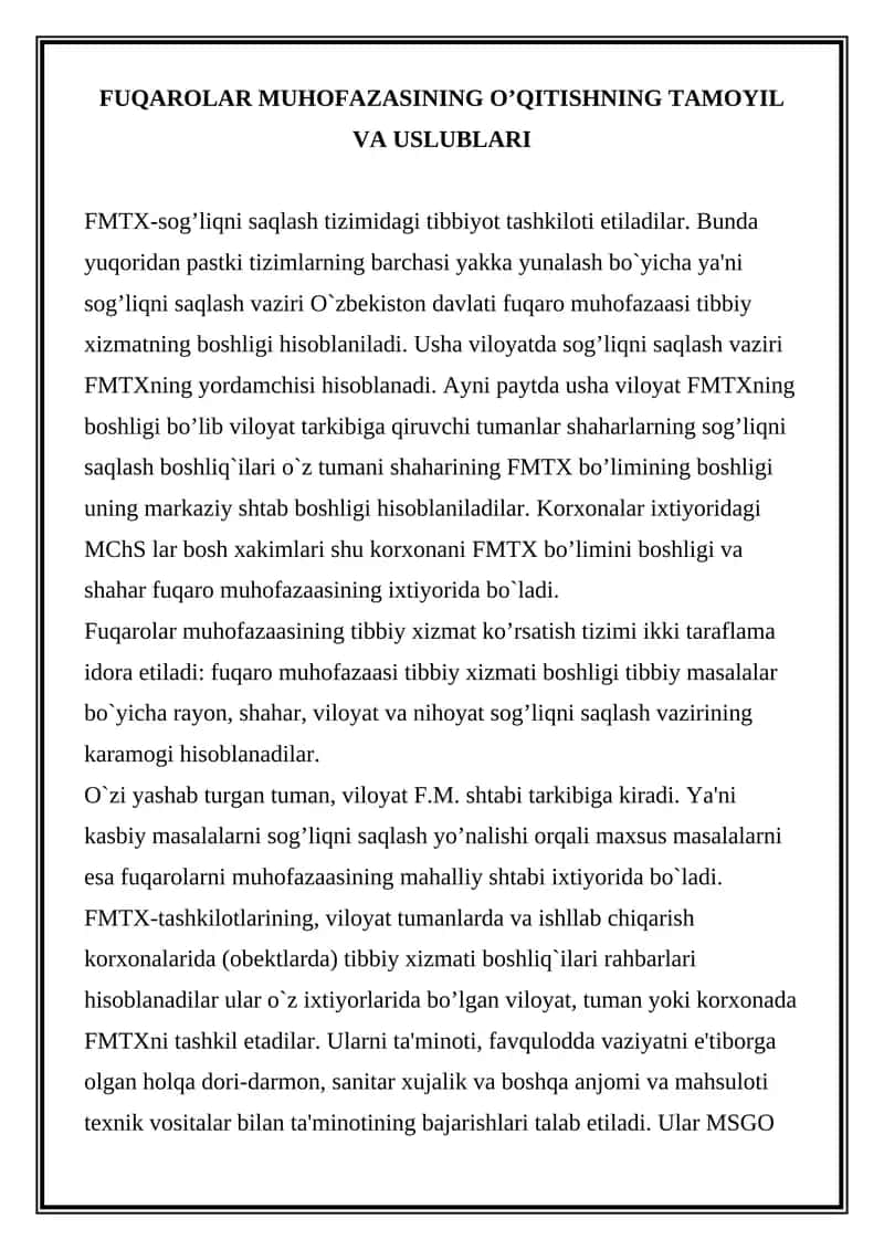 FUQAROLAR MUHOFAZASINING O’QITISHNING TAMOYIL VA USLUBLARI 1