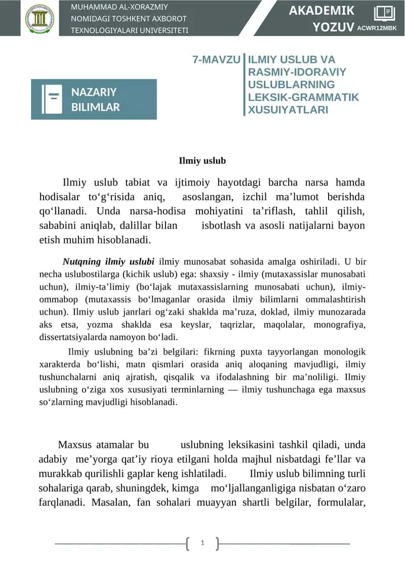 Ilmiy uslub va rasmiy-idoraviy uslublar 1