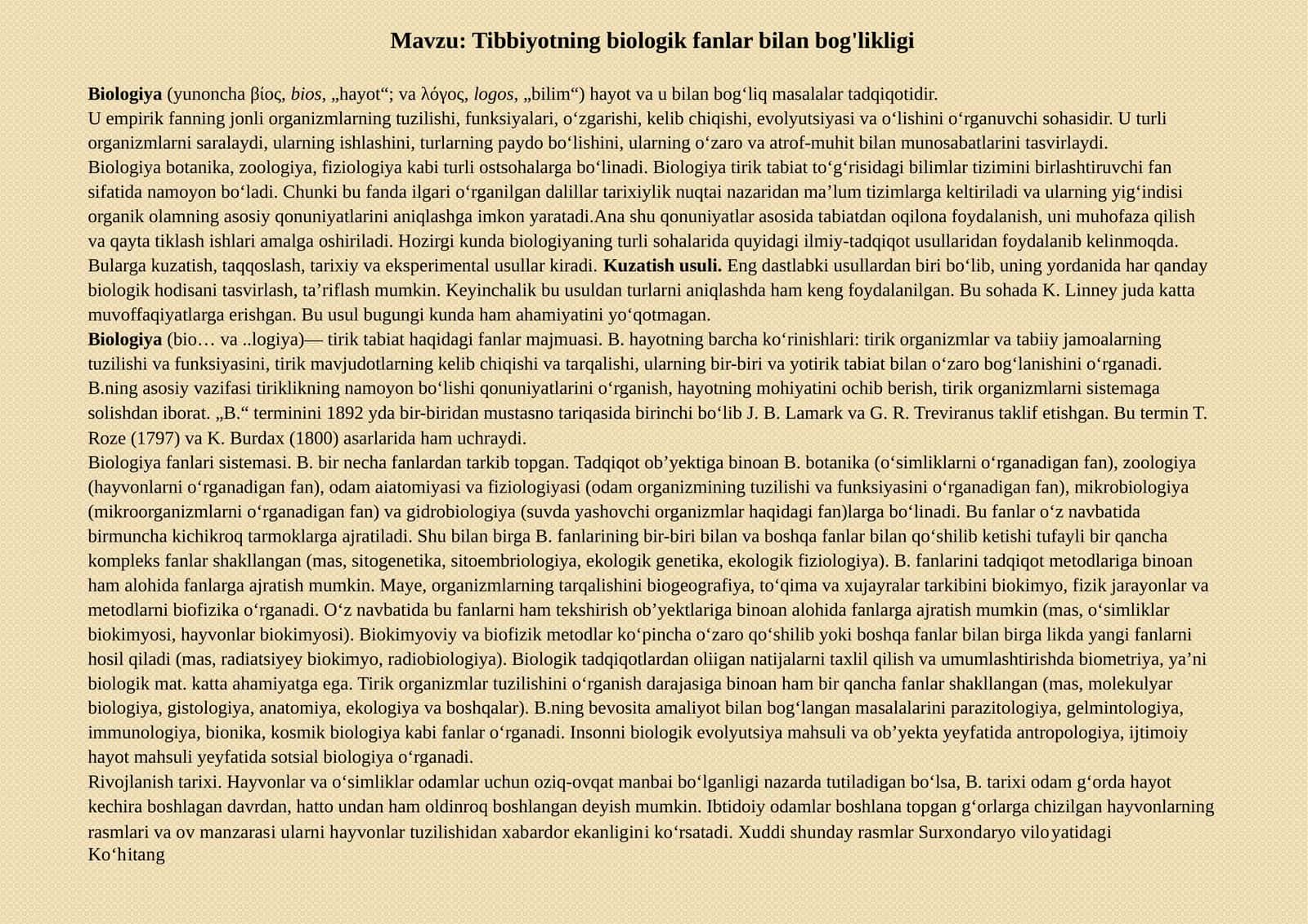 Tibbiyotning biologik fanlar bilan bog'likligi 1