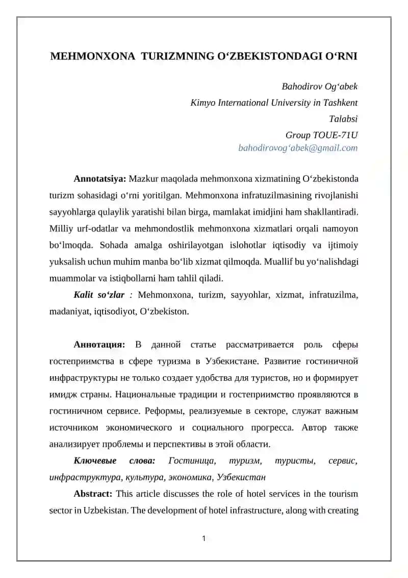 Mehmonxona Turizmning Oʻzbekistondagi Oʻrni