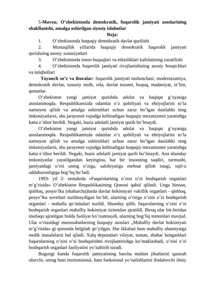 O‘zbekistonda demokratik, fuqarolik jamiyati asoslarining shakllanishi, amalga oshirilgan siyosiy islohotlar 1