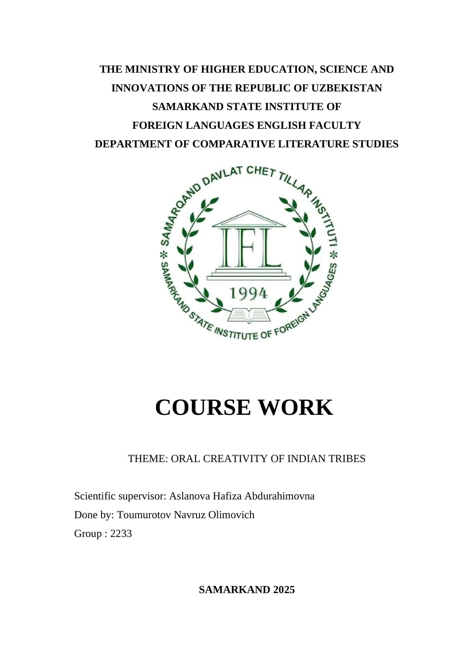 Oral Creativity of Indian Tribes 1
