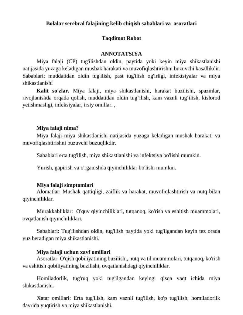 Bolalar serebral falajining kelib chiqish sabablari va asoratlari 1