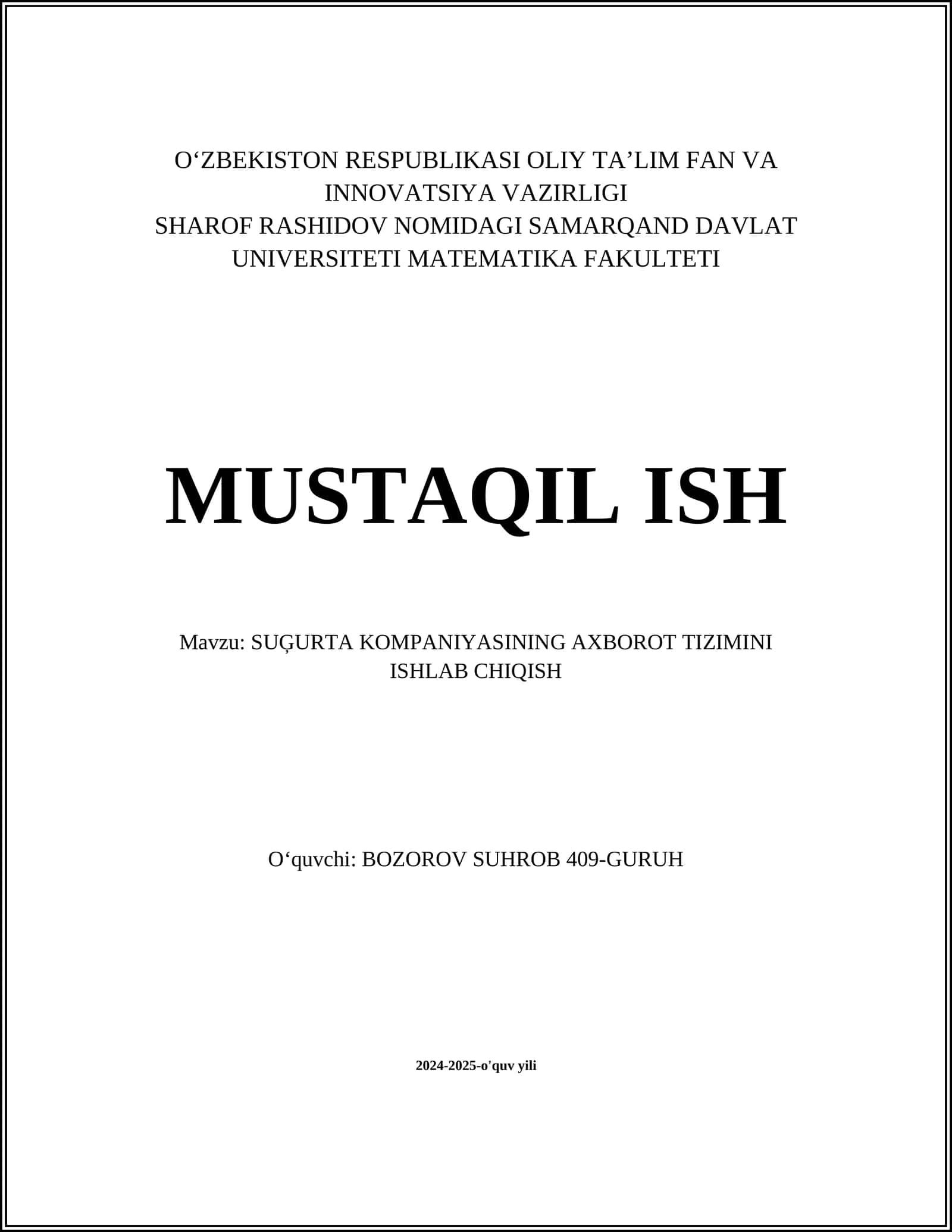 SUĢURTA KOMPANIYASINING AXBOROT TIZIMINI ISHLAB CHIQISH 1