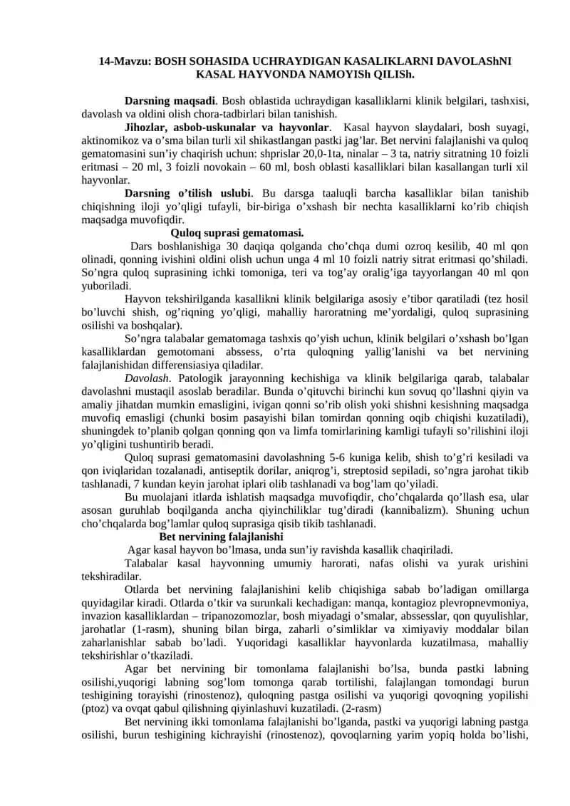 BOSH SOHASIDA UCHRAYDIGAN KASALIKLARNI DAVOLAShNI KASAL HAYVONDA NAMOYISh QILISh 1