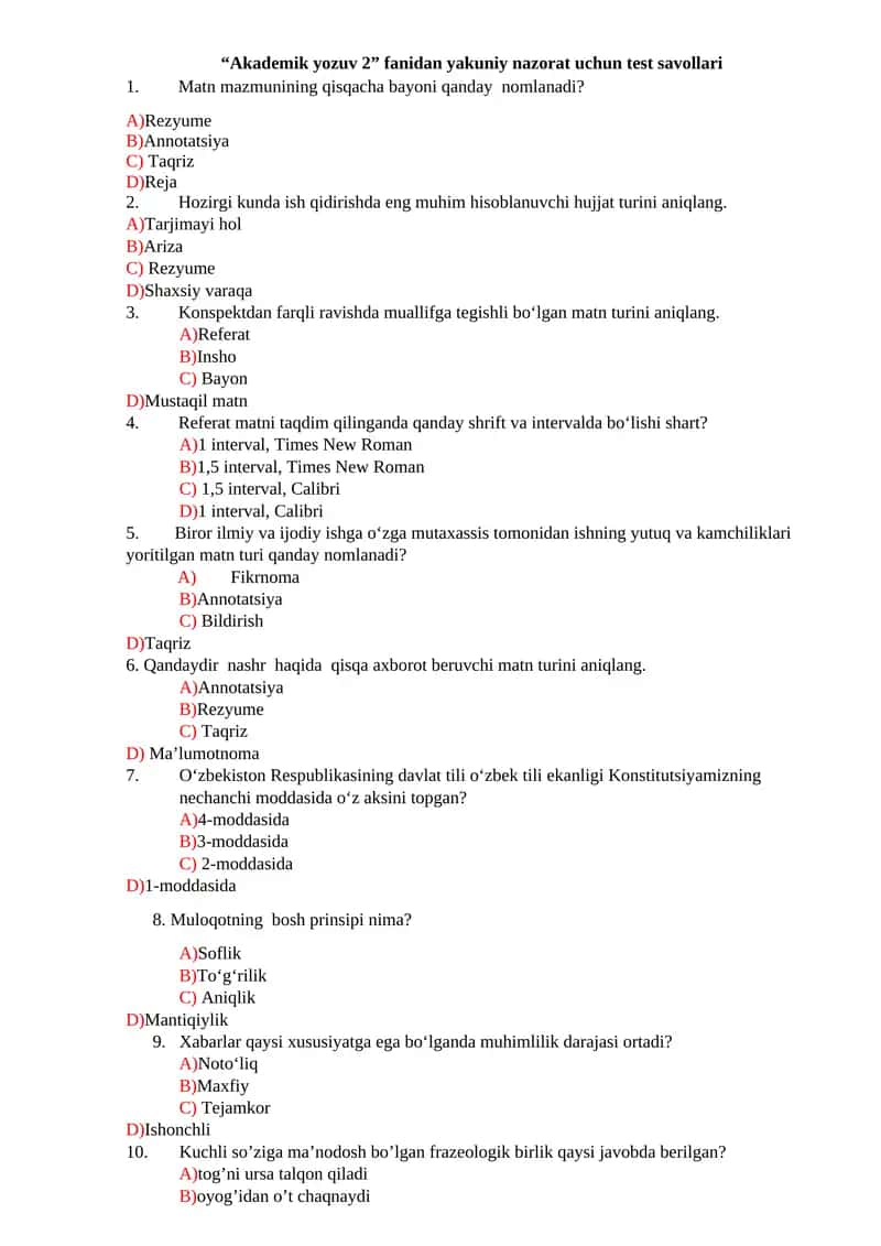 Akademik yozuv 2 fanidan yakuniy nazorat uchun test savollari 1