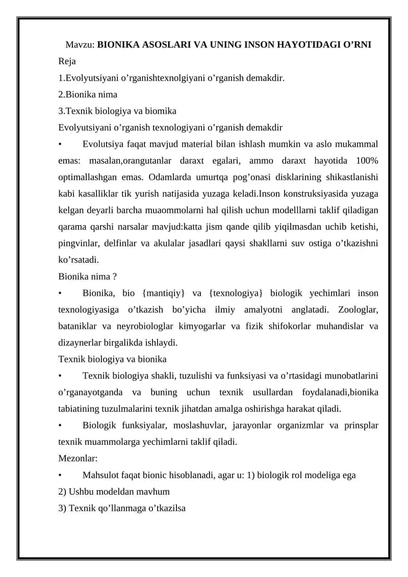 BIONIKA ASOSLARI VA UNING INSON HAYOTIDAGI O’RNI 1