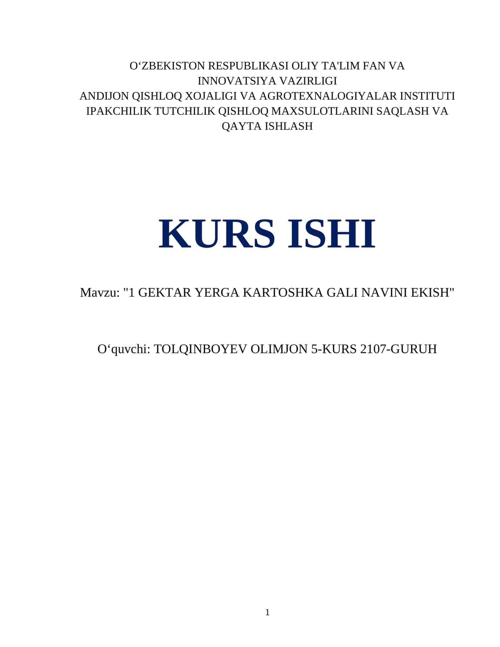 "1 GEKTAR YERGA KARTOSHKA GALI NAVINI EKISH" 1