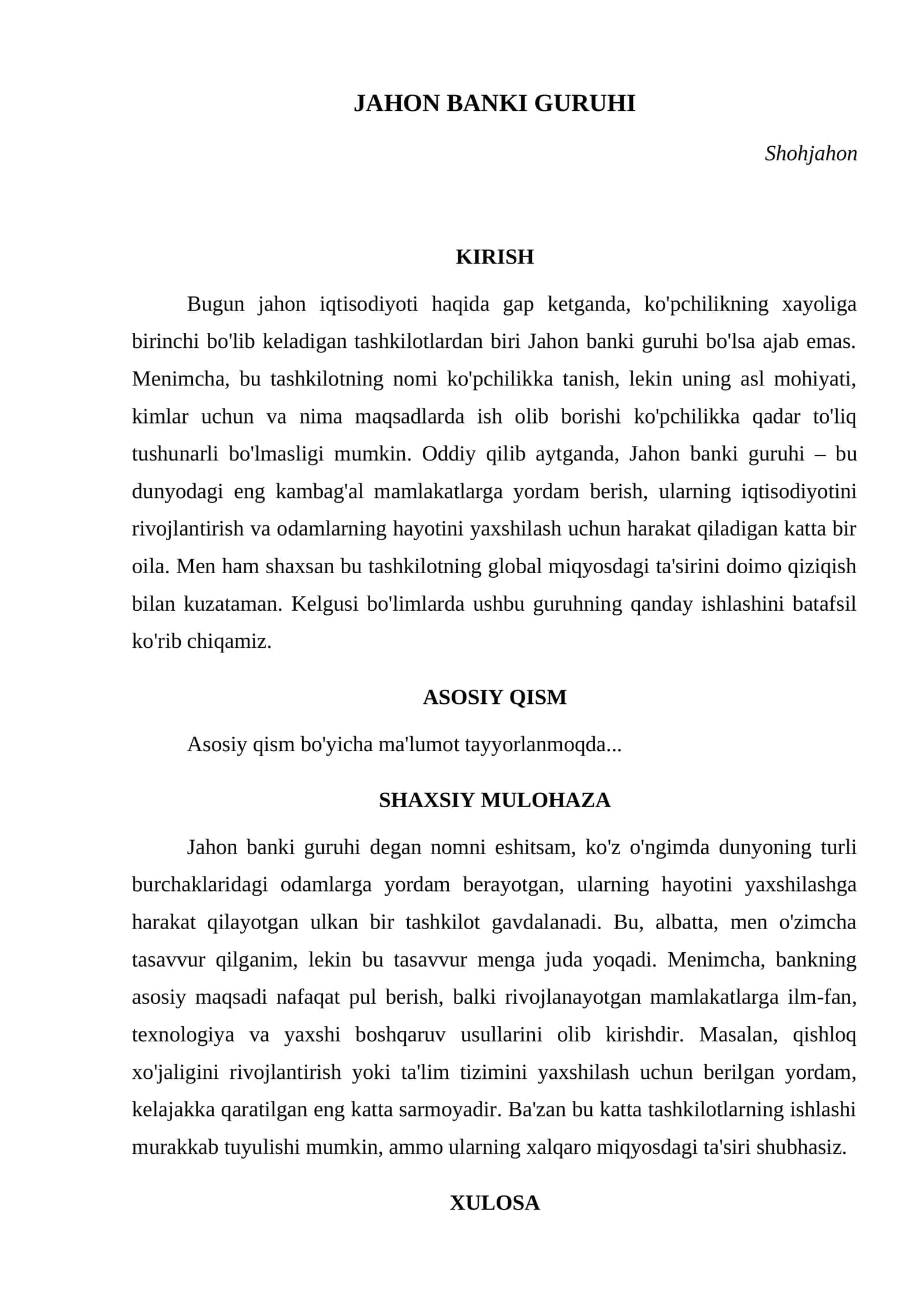 JAHON BANKI GURUHI 1