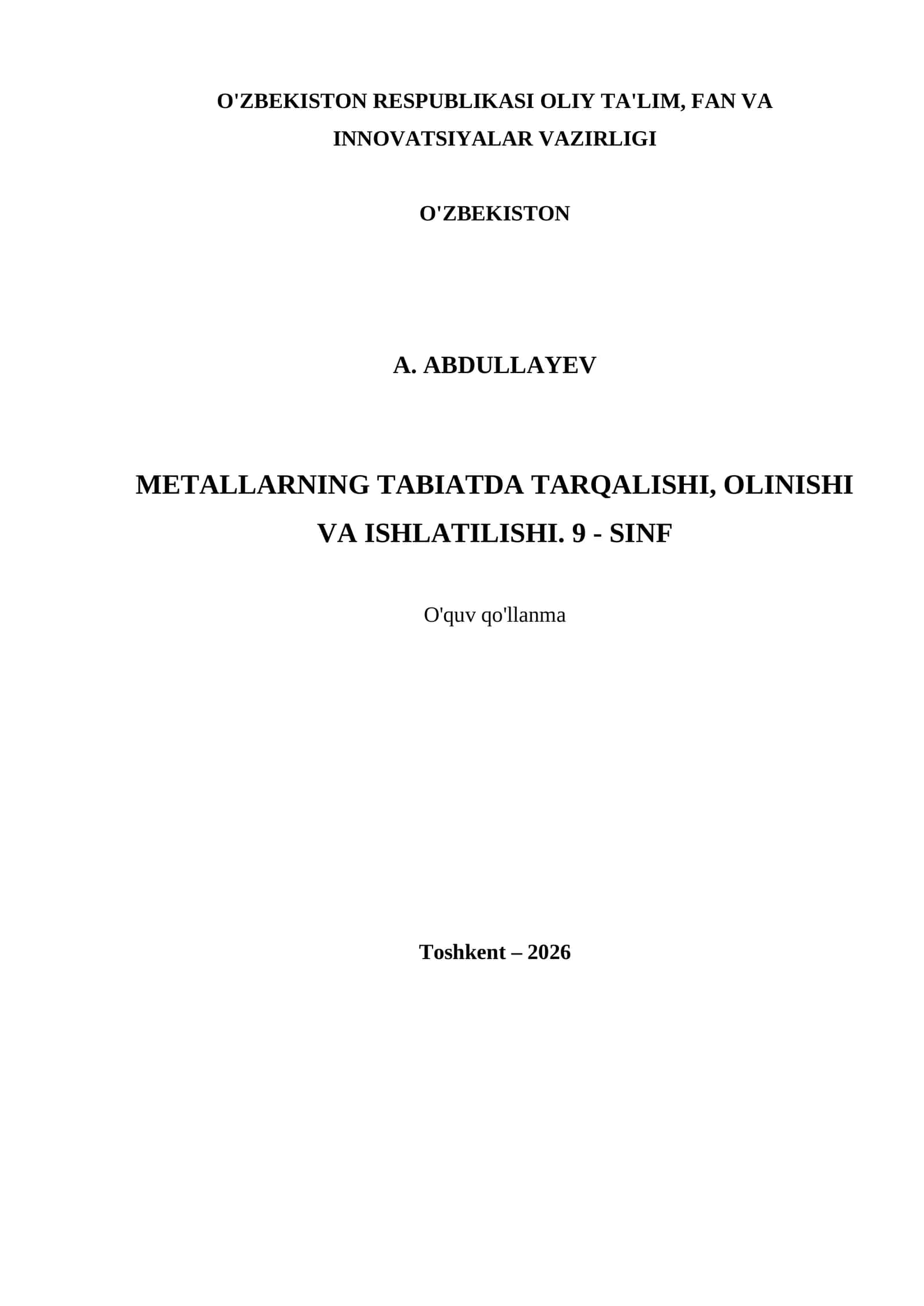 METALLARNING TABIATDA TARQALISHI, OLINISHI VA ISHLATILISHI. 9 - SINF 1