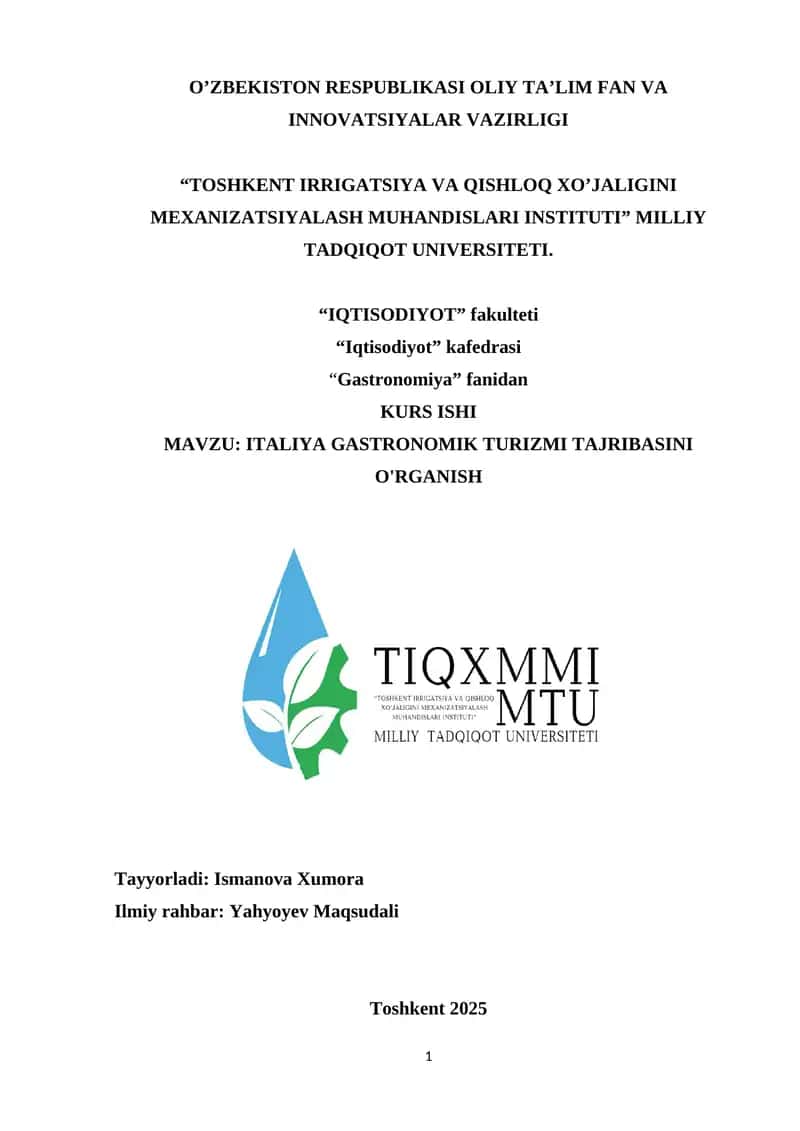 ITALIYA GASTRONOMIK TURIZMI TAJRIBASINI O'RGANISH 1