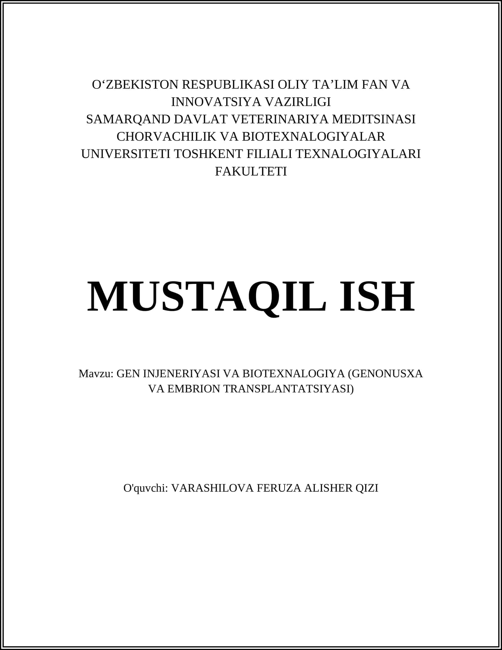 GEN INJENERIYASI VA BIOTEXNALOGIYA (GENONUSXA VA EMBRION TRANSPLANTATSIYASI) 1