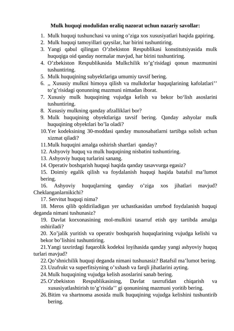 Mulk huquqi modulidan oraliq nazorat 1