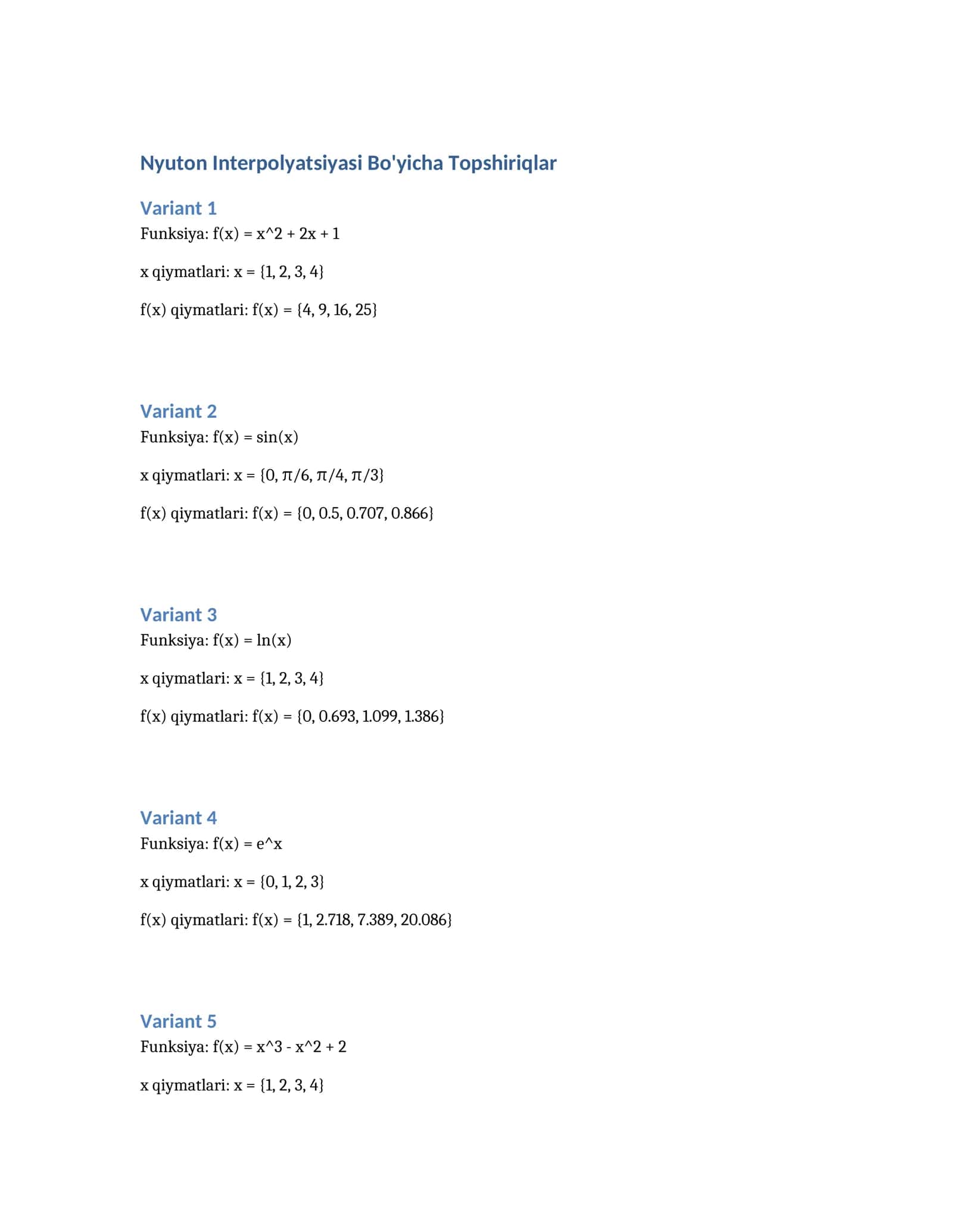 Nyuton Interpolyatsiyasi Bo'yicha Topshiriqlar 1