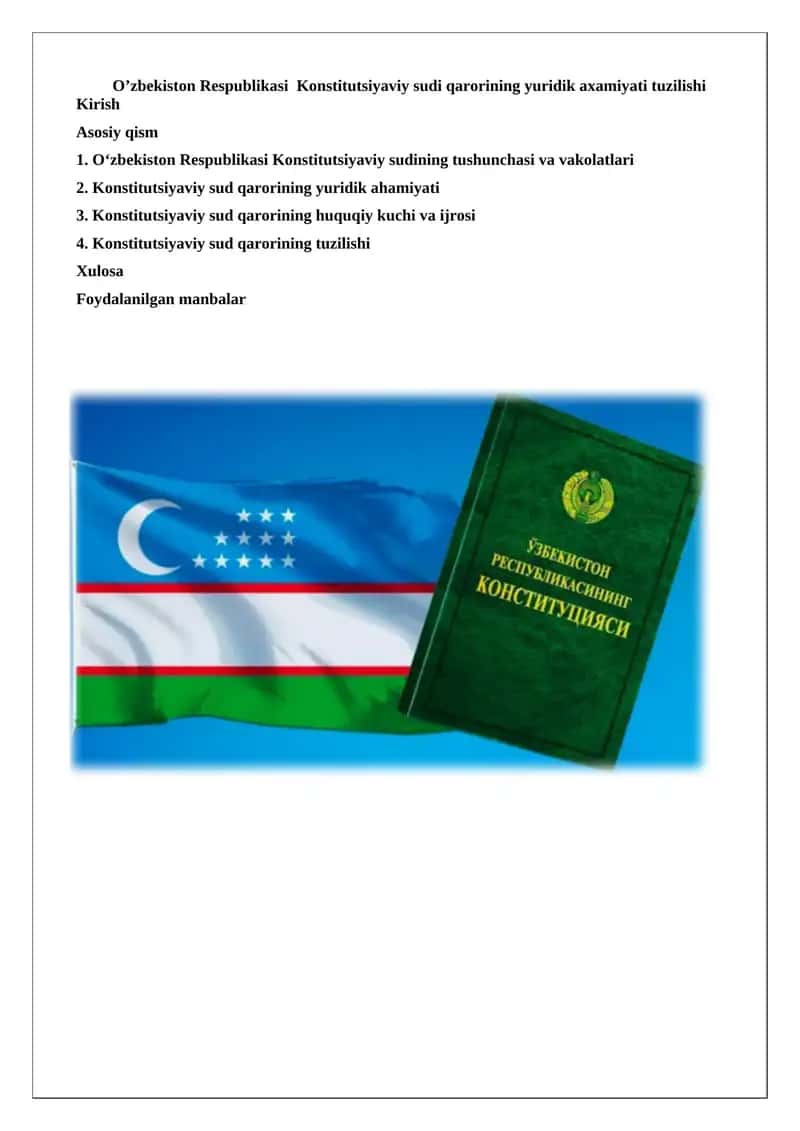 O‘zbekiston Respublikasi Konstitutsiyaviy sudining yuridik axamiyati tuzilishi 1