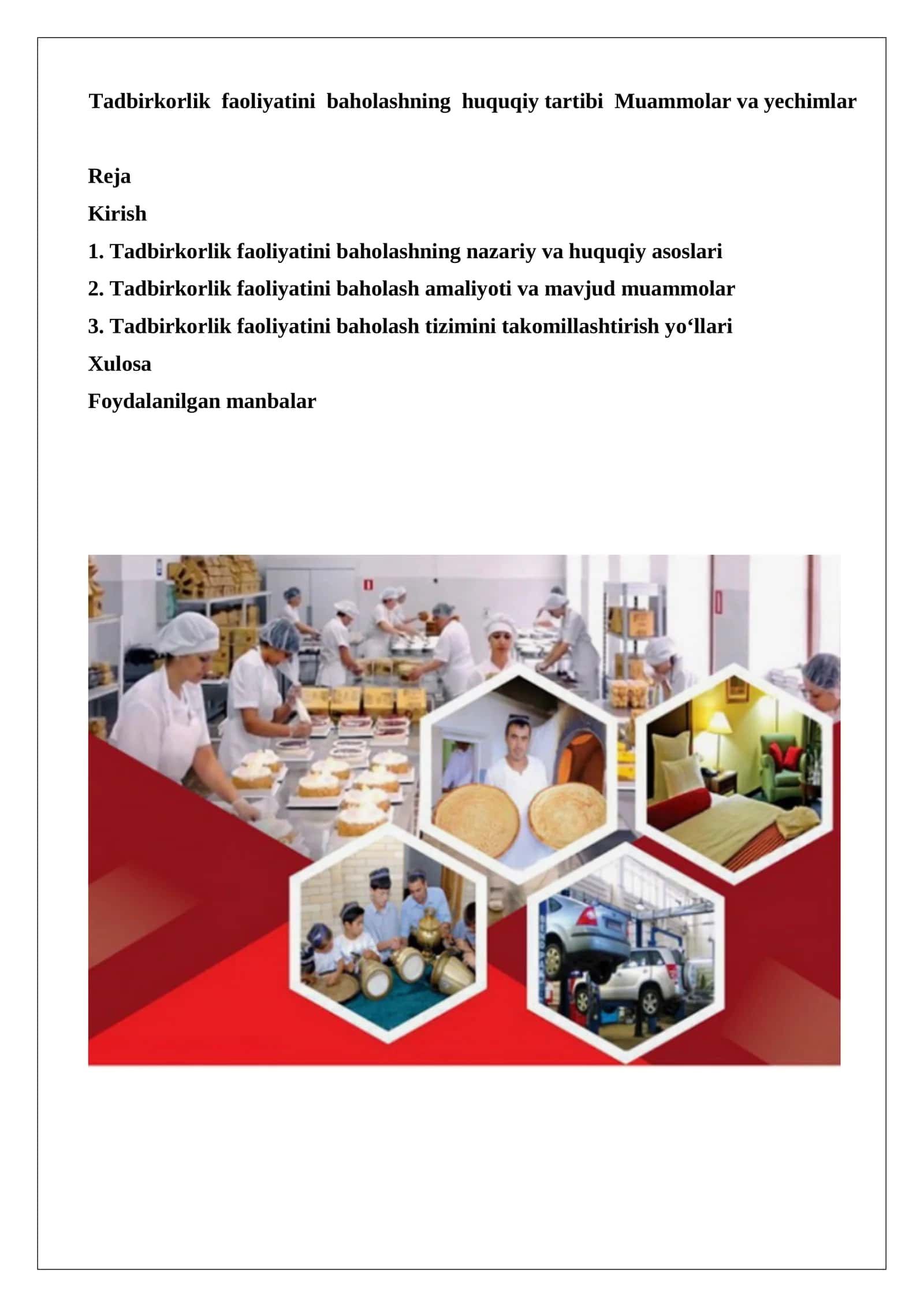Tadbirkorlik faoliyatini baholashning huquqiy tartibi Muammolar va yechimlar 1