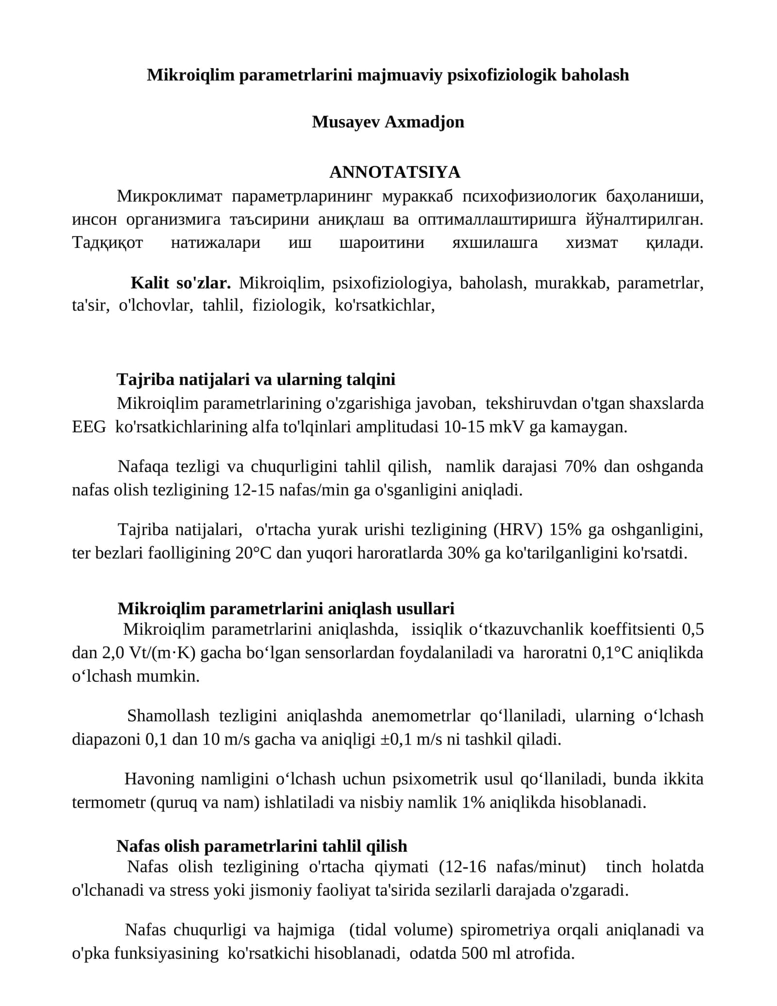 Mikroiqlim parametrlarini majmuaviy psixofiziologik baholash 1