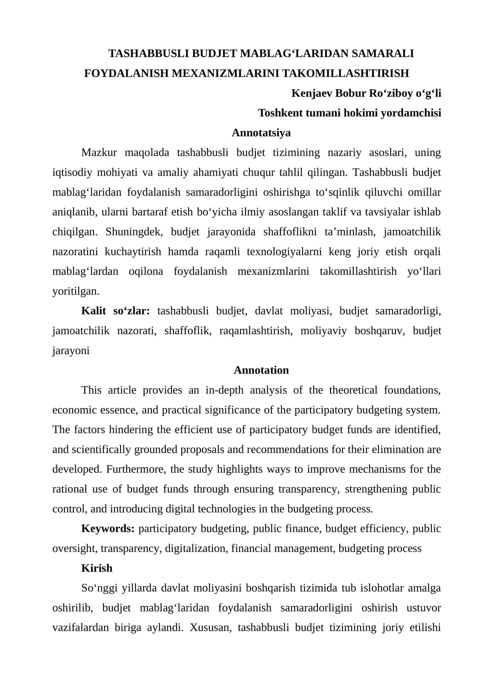 Tashabbusli Budjet Mablag‘laridan Samarali Foydalanish Mexanizmlarini Takomillashtirish 1