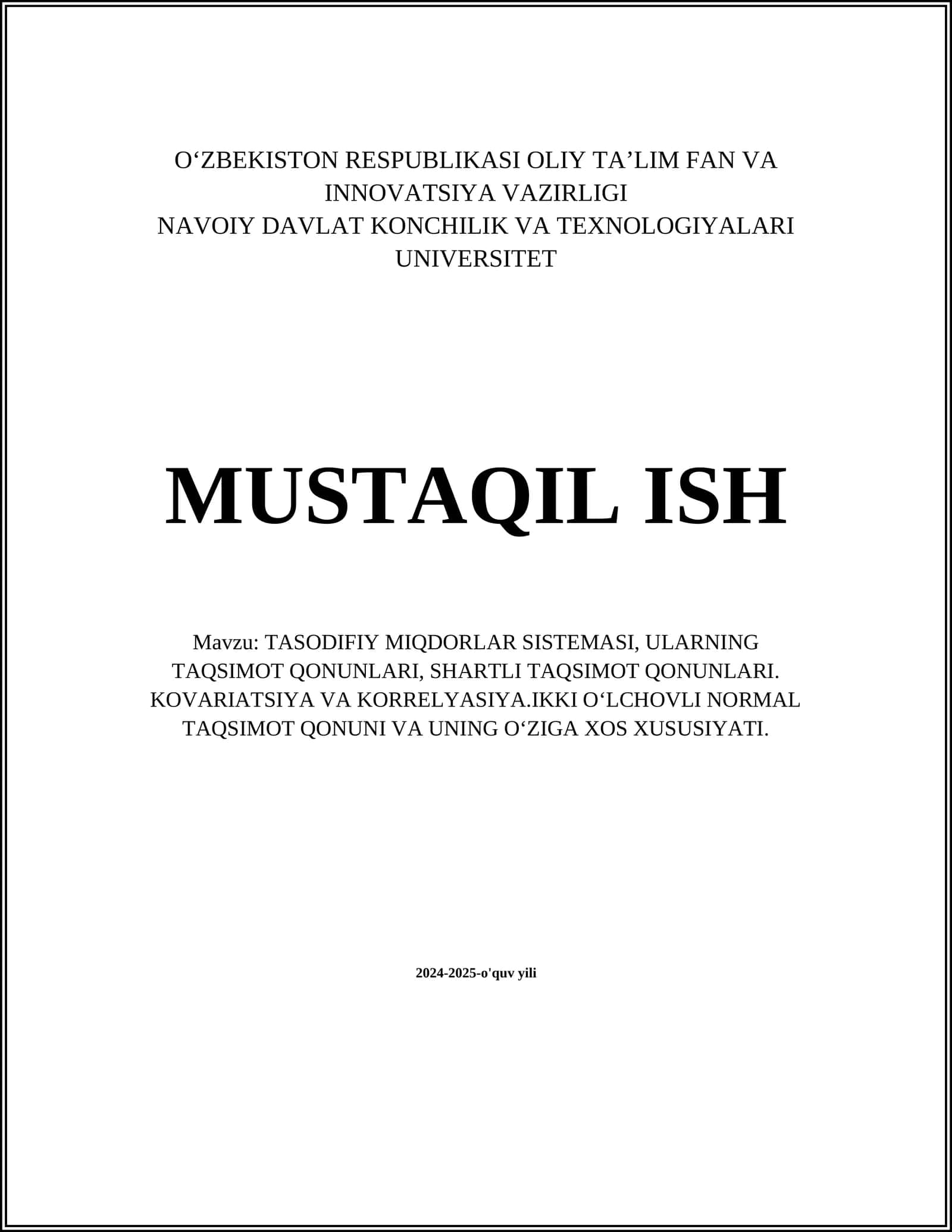 TASODIFIY MIQDORLAR SISTEMASI 1