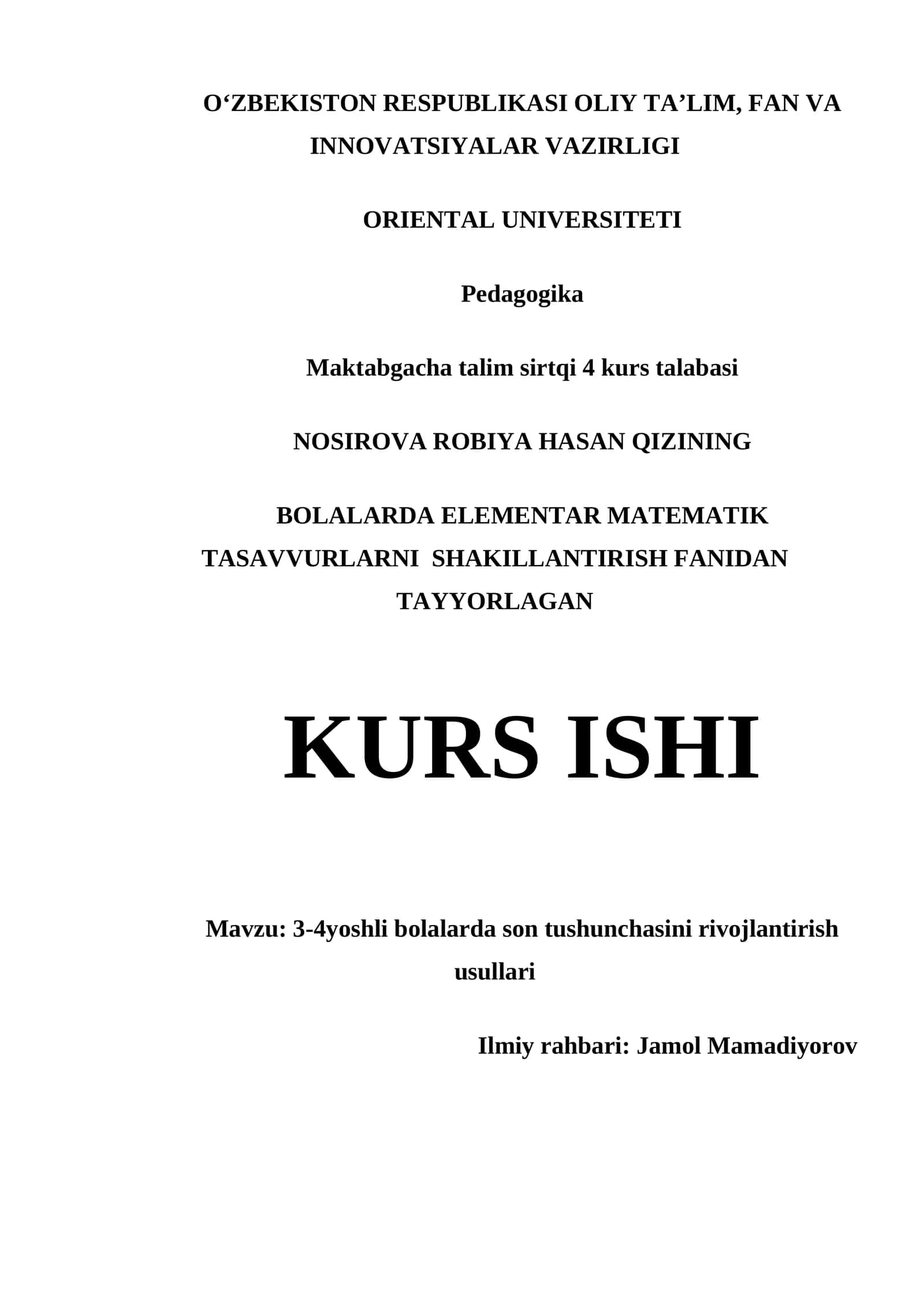 BOLALARDA ELEMENTAR MATEMATIK TASAVVURLARNI SHAKILLANTIRISH FANIDAN TAYYORLAGAN KURS ISHI 1
