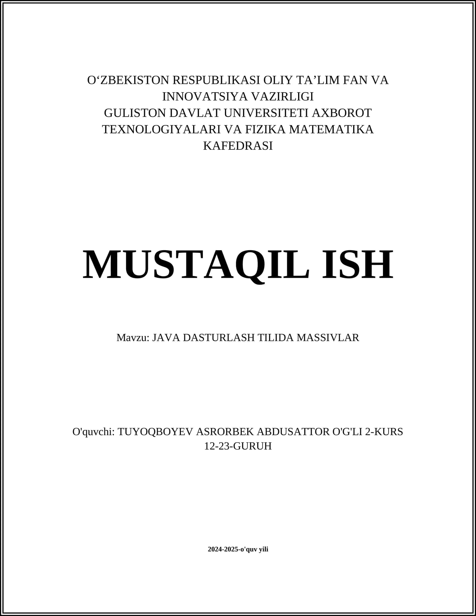 JAVA DASTURLASH TILIDA MASSIVLAR 1