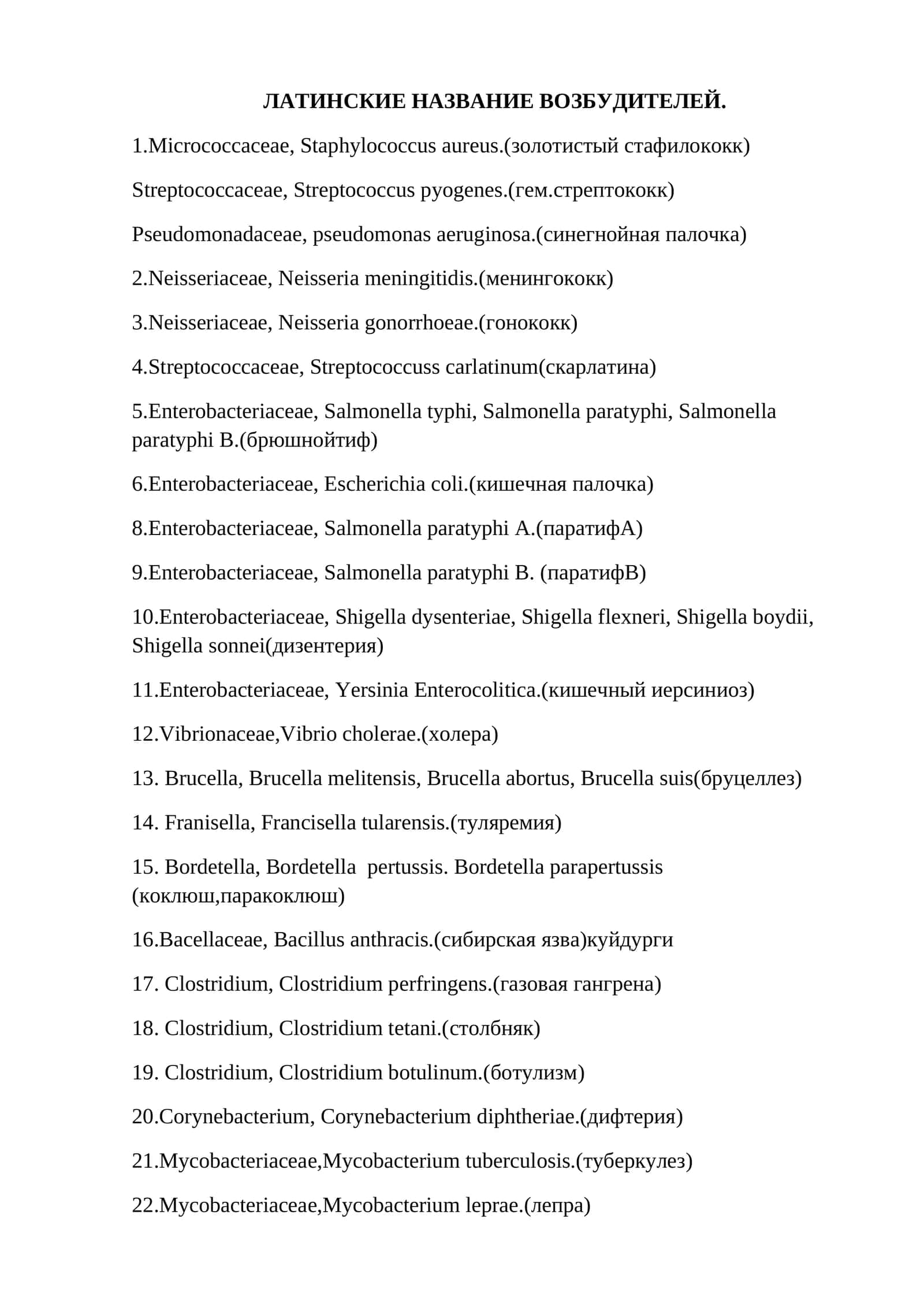 ЛАТИНСКИЕ НАЗВАНИЕ ВОЗБУДИТЕЛЕЙ 1