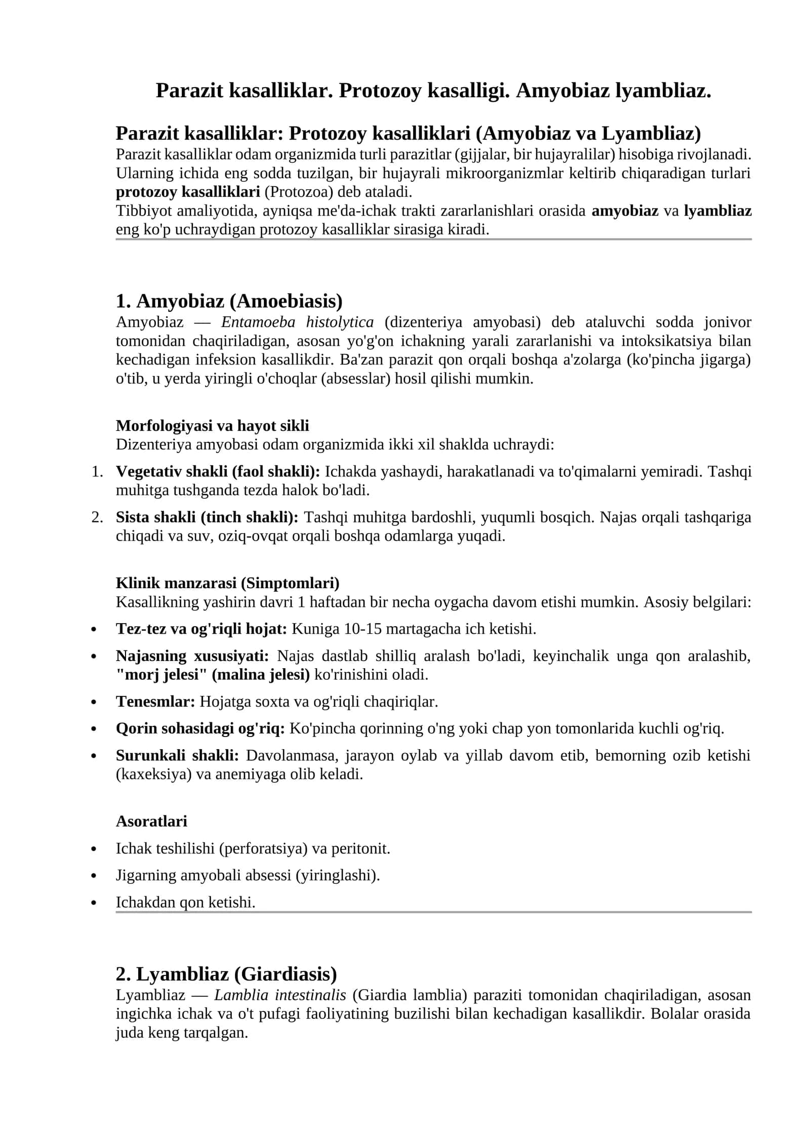 Parazit kasalliklar: Protozoy kasalliklari (Amyobiaz va Lyambliaz) 1
