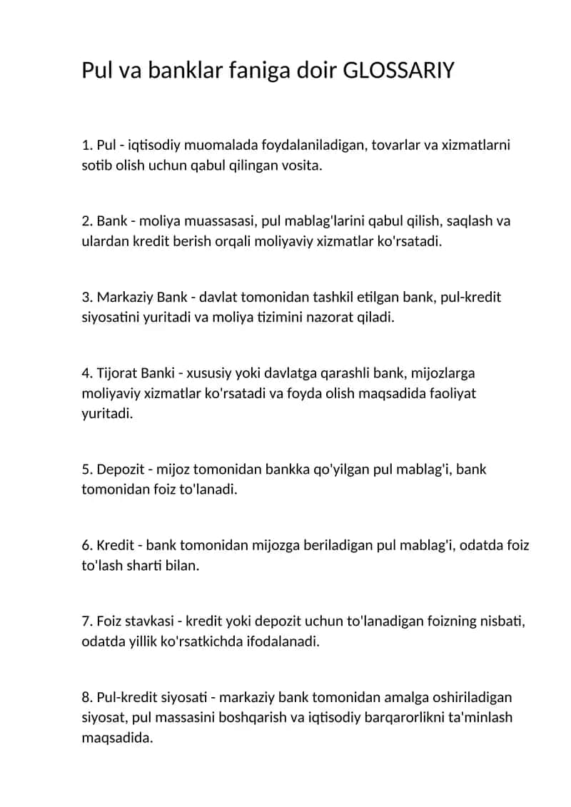 Pul va banklar faniga doir GLOSSARIY 1