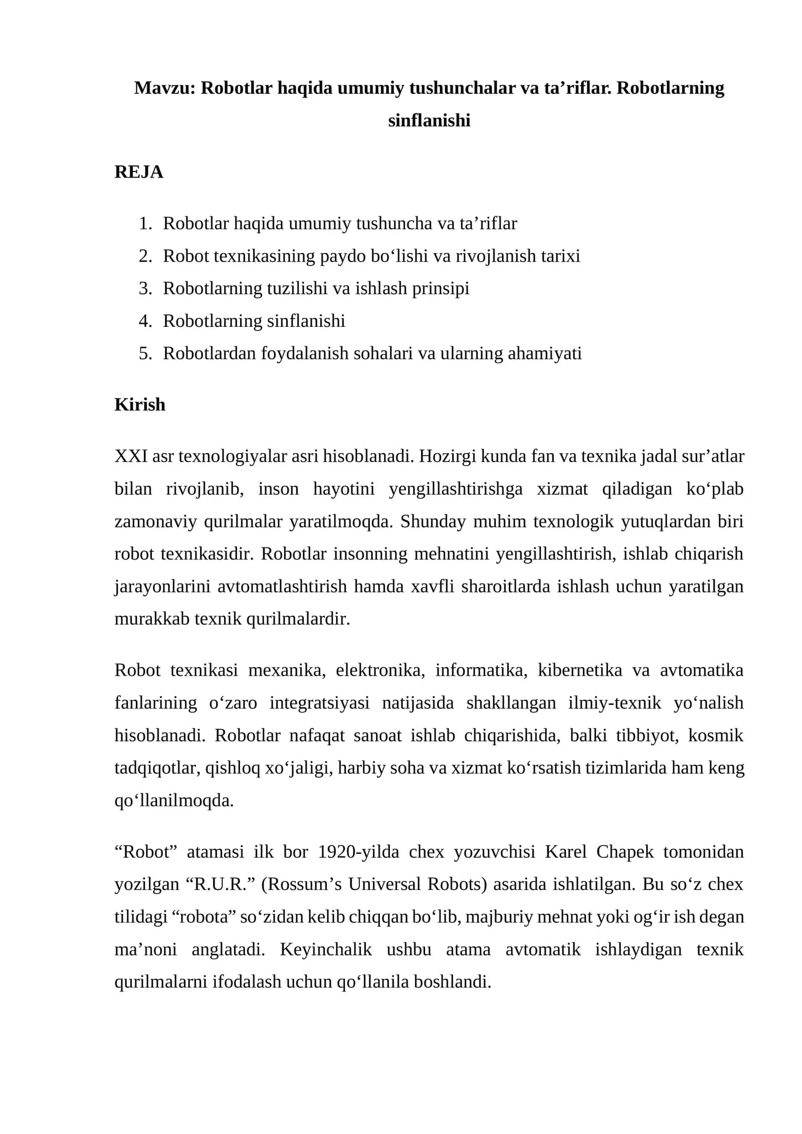Robotlar haqida umumiy tushunchalar va ta’riflar 1