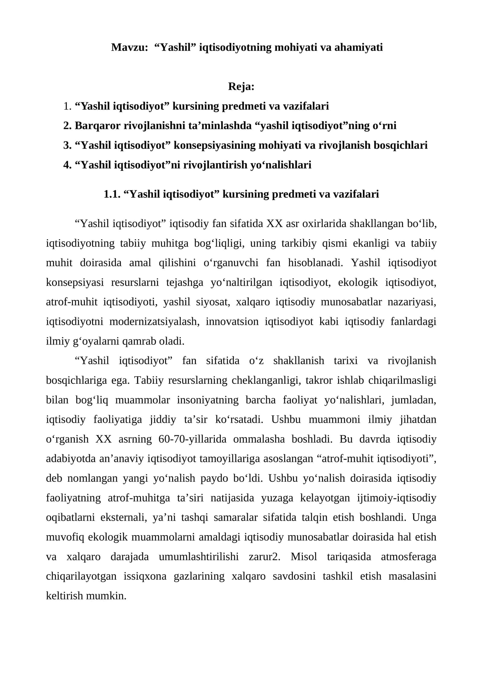 “Yashil” iqtisodiyotning mohiyati va ahamiyati 1