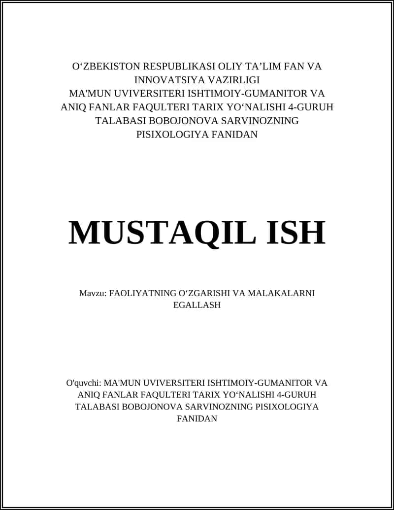FAOLIYATNING OʻZGARISHI VA MALAKALARNI EGALLASH 1