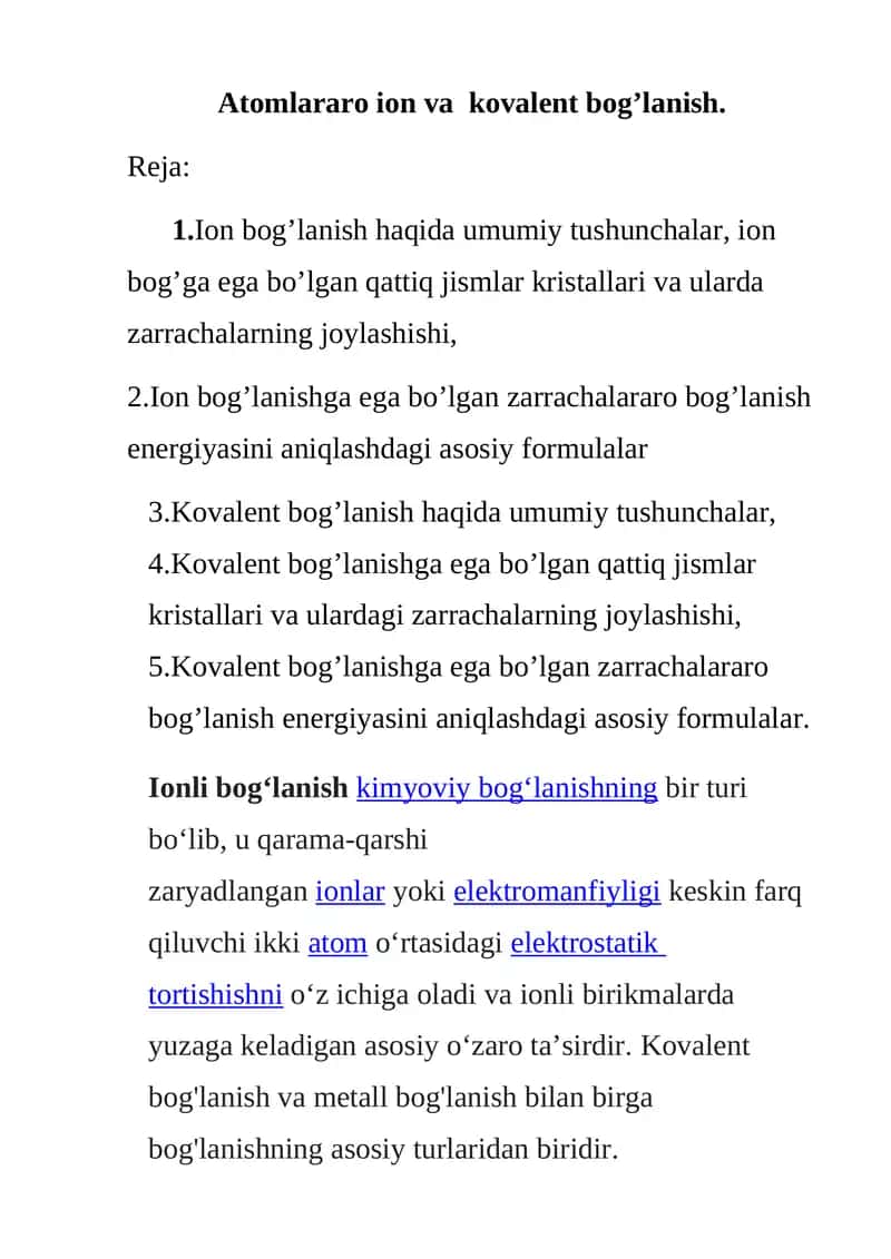 Ion va kovalent bog'lanish 1