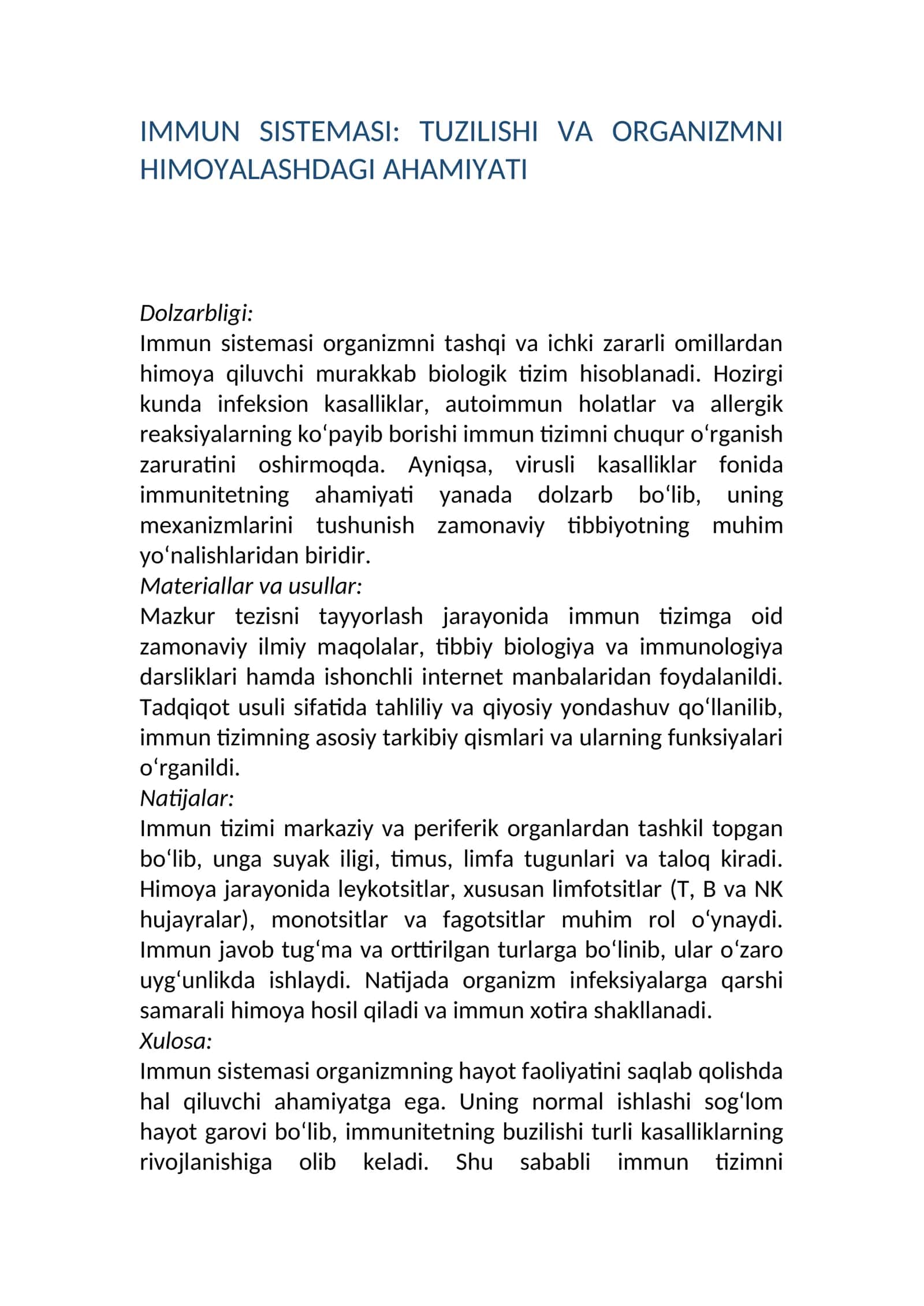 IMМUN SISTEMASI: TUZILISHI VA ORGANIZMNI HIMOYALASHDAGI AHAMIYATI 1