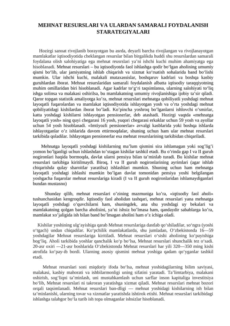 Mehnat Resurslari va Ulardan Samarali Foydalanish Starategiyalari 1
