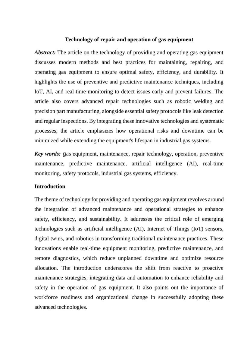 Technology of repair and operation of gas equipment 1