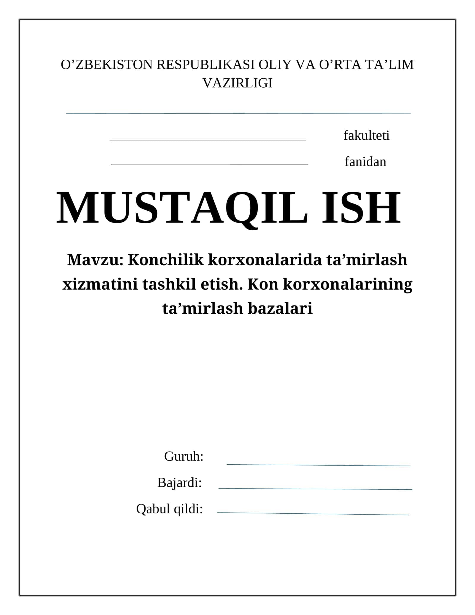 Konchilik korхonalarida ta’mirlash хizmatini tashkil etish 1