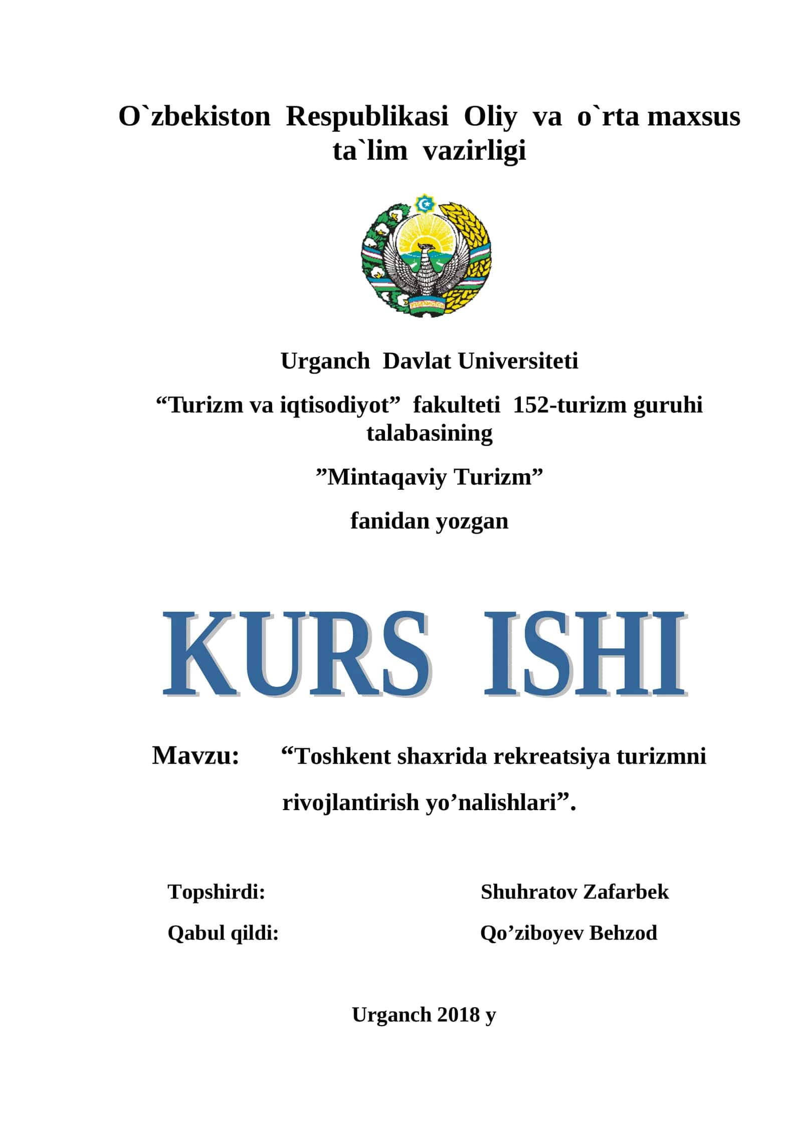 “Mintaqaviy Turizm” fanidan yozgan 1