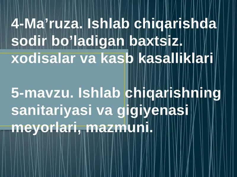 Ishlab chiqarishning sanitariyasi va gigiyenasi meyorlari 1