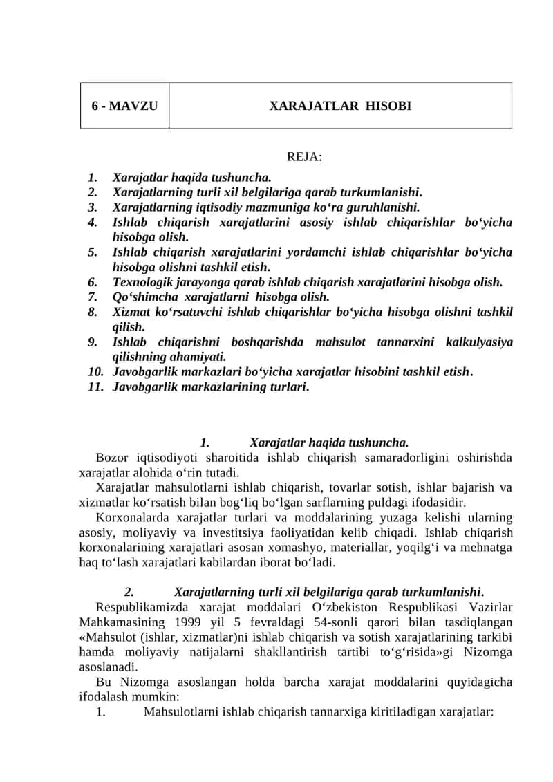 Xarajatlar hisobi 1