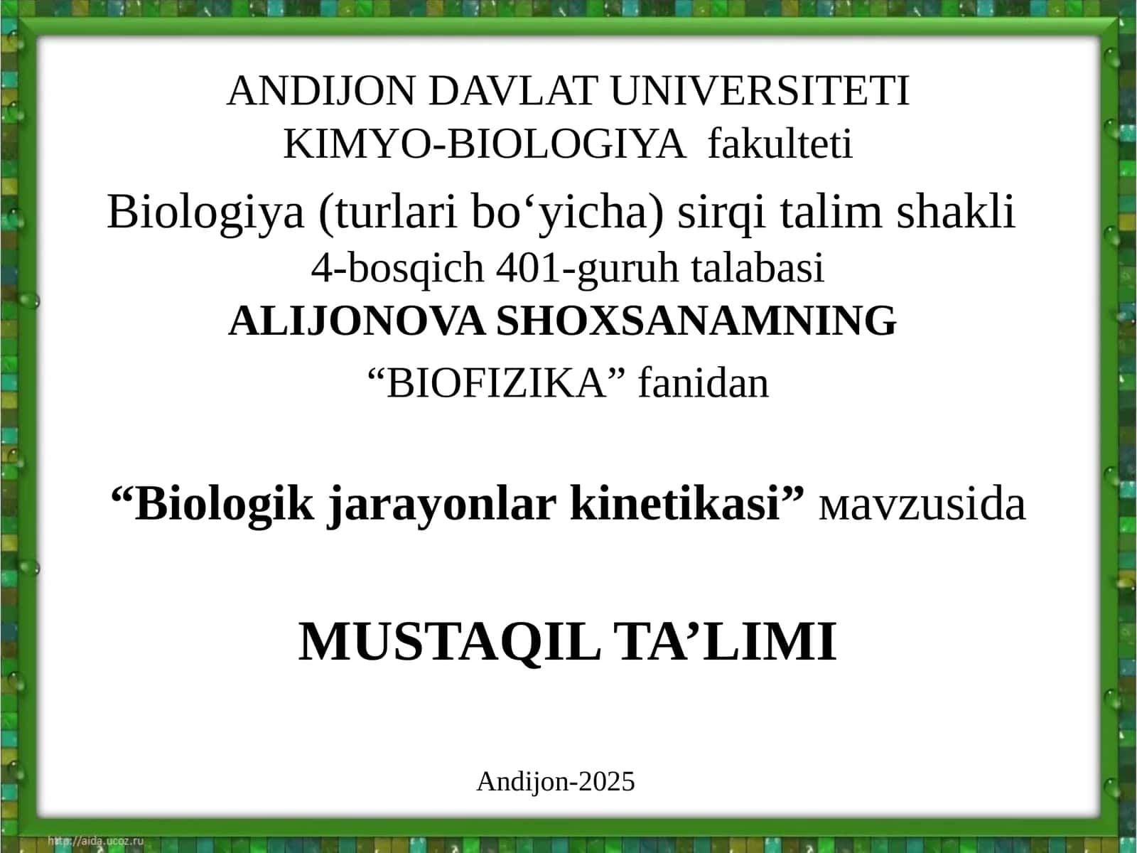 Biologik jarayonlar kinetikasi 1